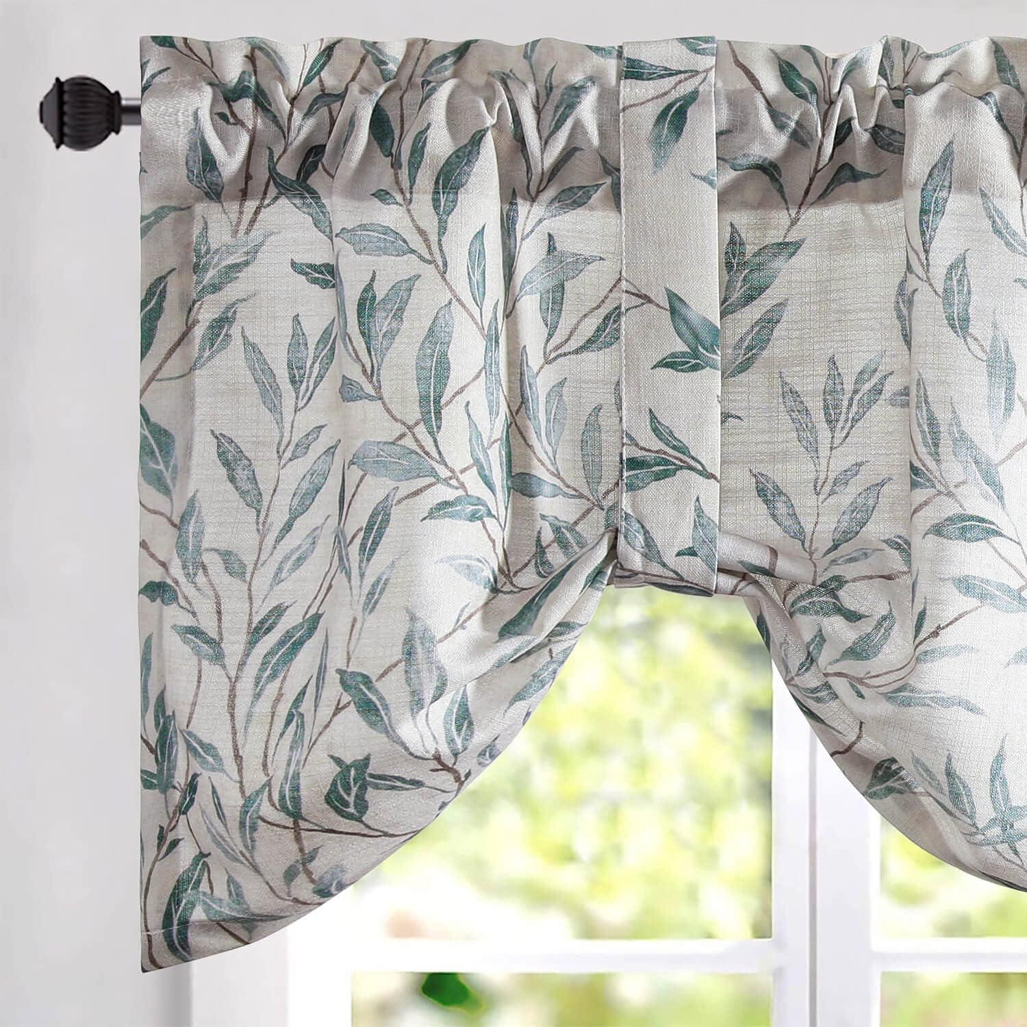 VOGOL Cenefa de amarre para ventanas de cocina, cortinas de amarre para ventanas con estampado de hojas azules, cortinas ajustables de globo,