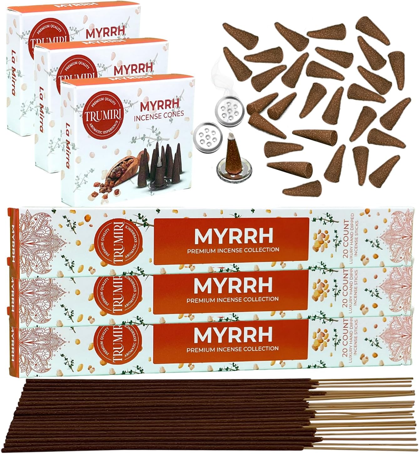 Paquete combinado de varillas de incienso perfumadas de mirra y conos de incienso  60 varillas de incienso + 30 conos de insencia  Inscienso  Conos