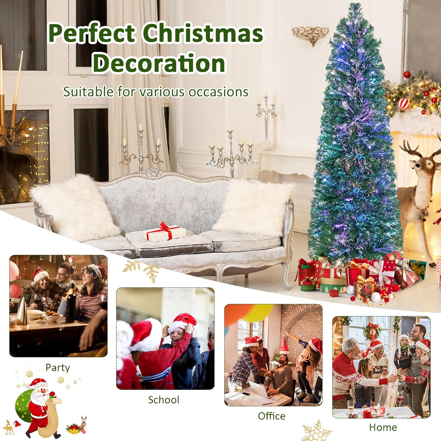 Goplus Árbol de Navidad de lápiz de fibra óptica de 5 pies, árbol de Navidad artificial delgado preiluminado con luces de colores, 361 puntas de