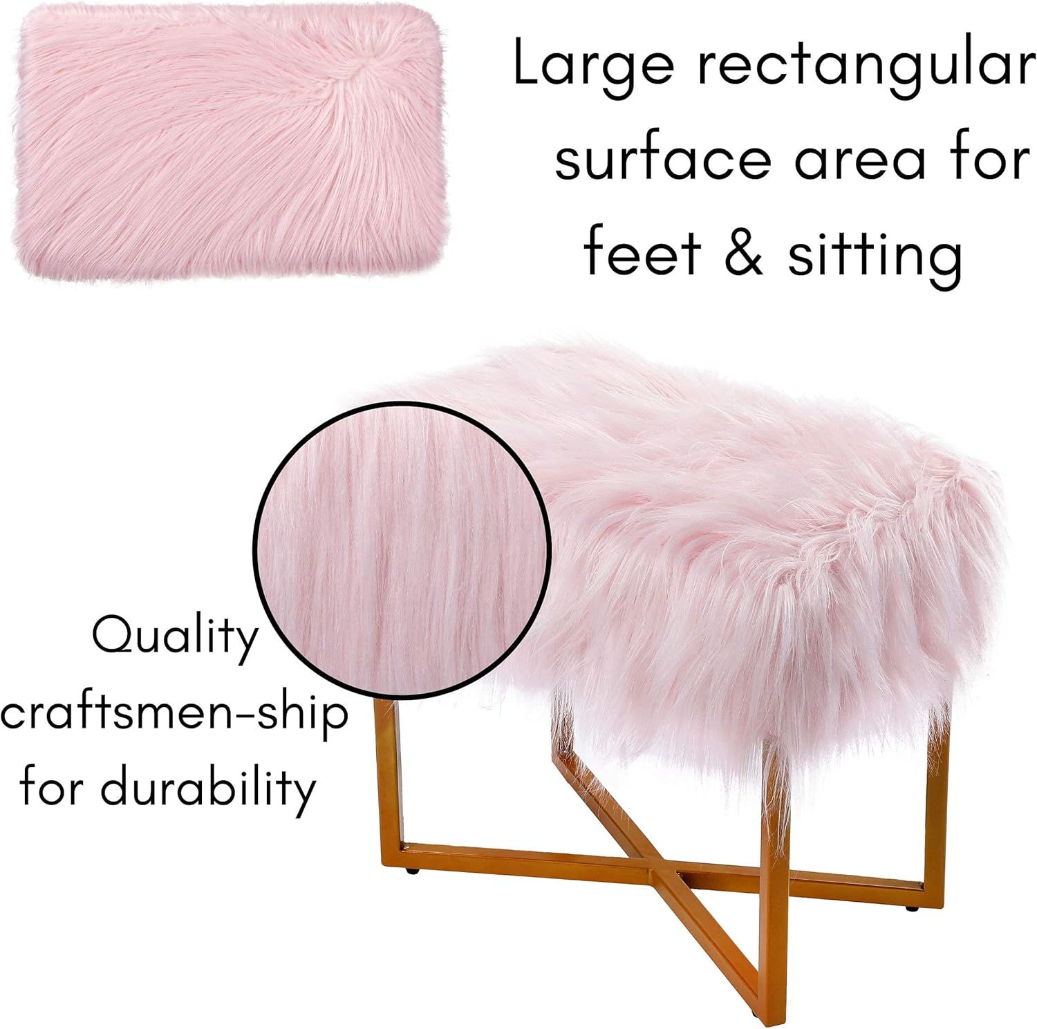 BIRDROCK HOME Taburete rectangular de piel sintética rosa con patas doradas, silla de tocador, asiento acolchado suave y compacto, silla de