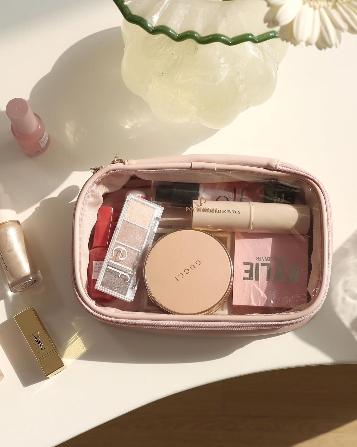 Pocmimut Bolsa de maquillaje transparente, bolsa de cosméticos de piel sintética, bolsa de maquillaje, accesorios de automóvil, organizador de