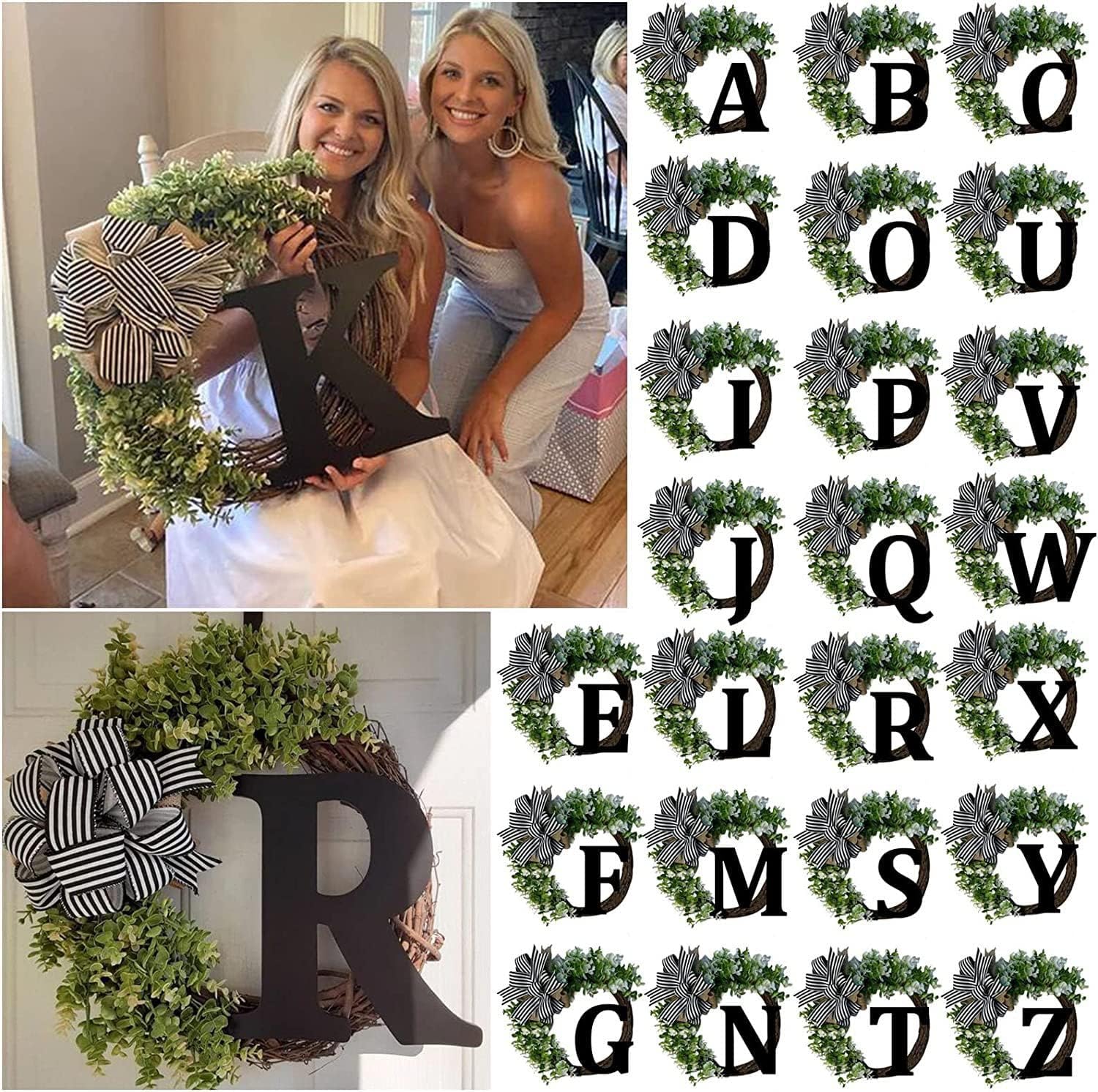 Corona de 12 pulgadas para puerta delantera con lazo, letreros de bienvenida, guirnalda personalizada de 26 letras para puerta delantera del hogar