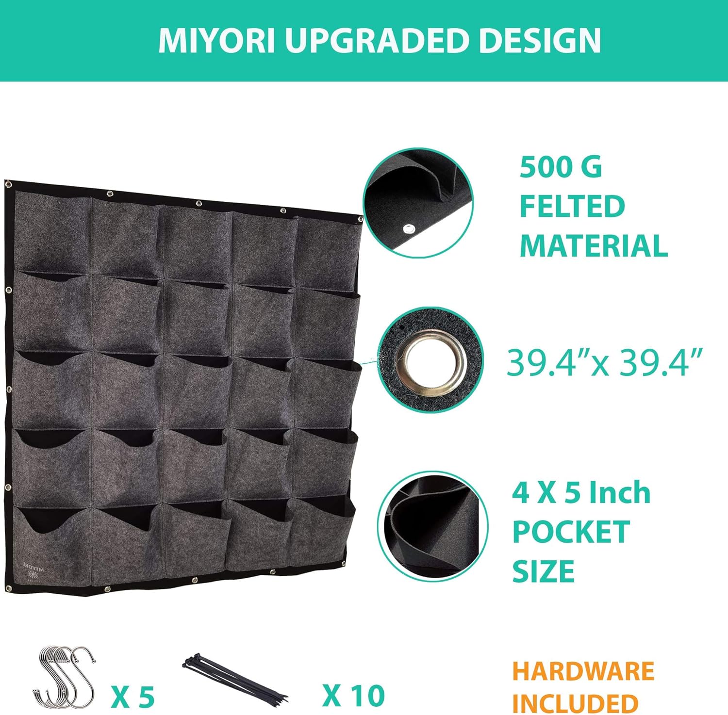 MIYORI Indi -36 bolsillos verticales -Maceta vertical colgante de pared de jardín -Colgador de valla con bolsillos de pared Kit de macetas de