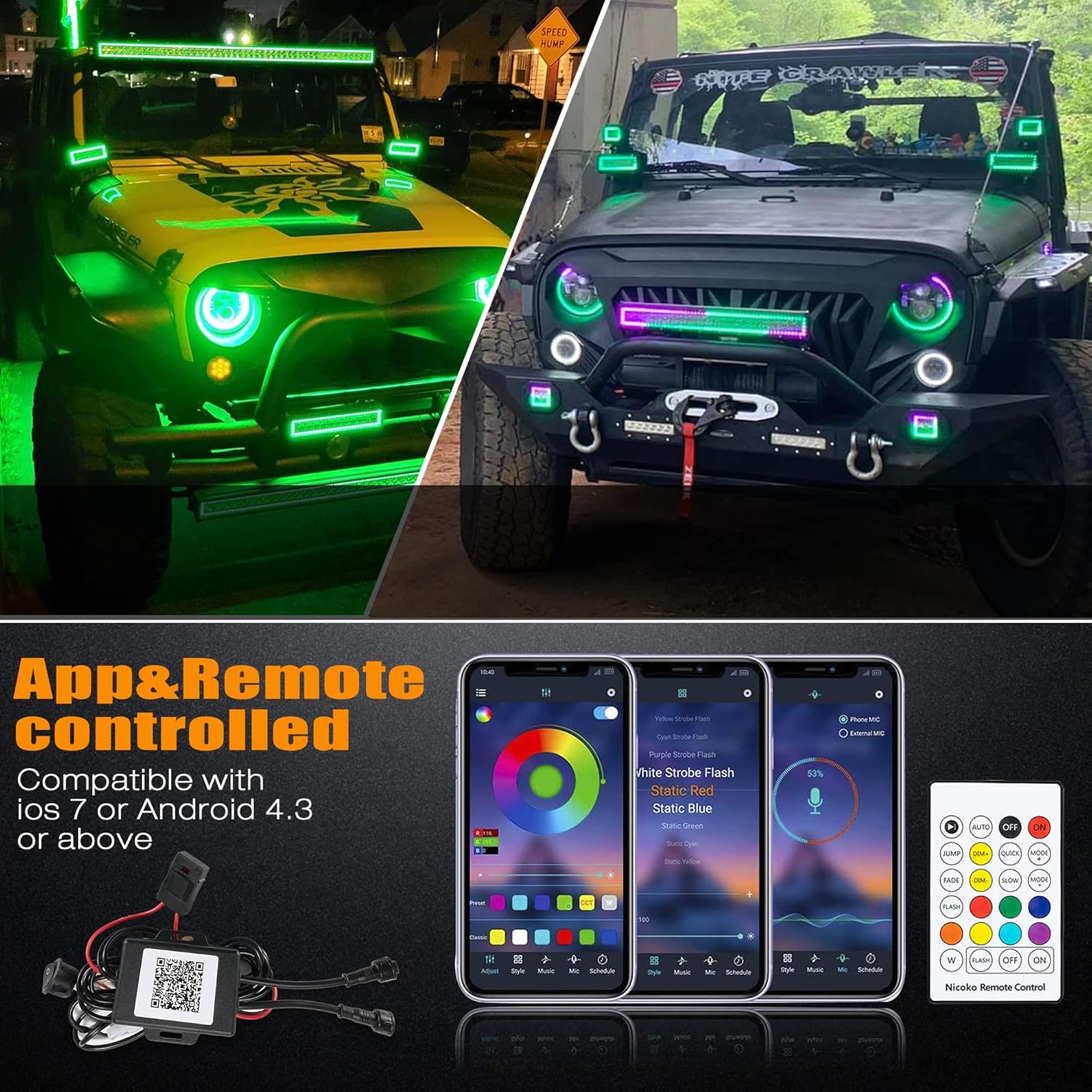 Nicoko Luces LED RGB de 3 pulgadas, 18 W, luces todoterreno, cápsulas cuadradas + controlador impermeable para luces, camión, automóvil, barco,