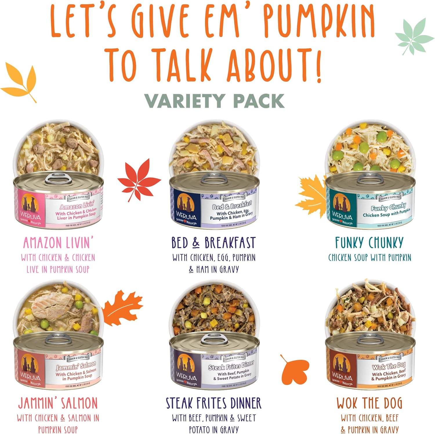 Weruva Comida clásica para perros, Let’s Give Em’ Pumpkin to Talk About Paquete variado, lata de 5.5 onzas (paquete de 12)