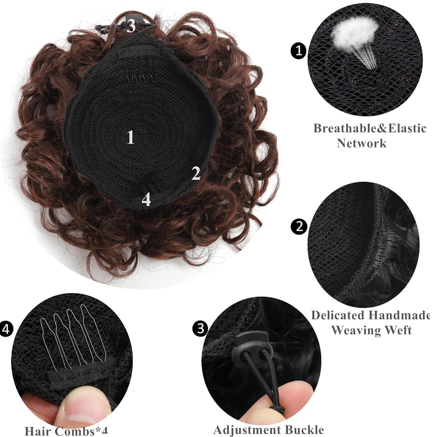 Moño sintético desordenado con cordón elástico, moño rizado, extensión de cola de caballo corta para mujeres, uso diario (marrón oscuro)