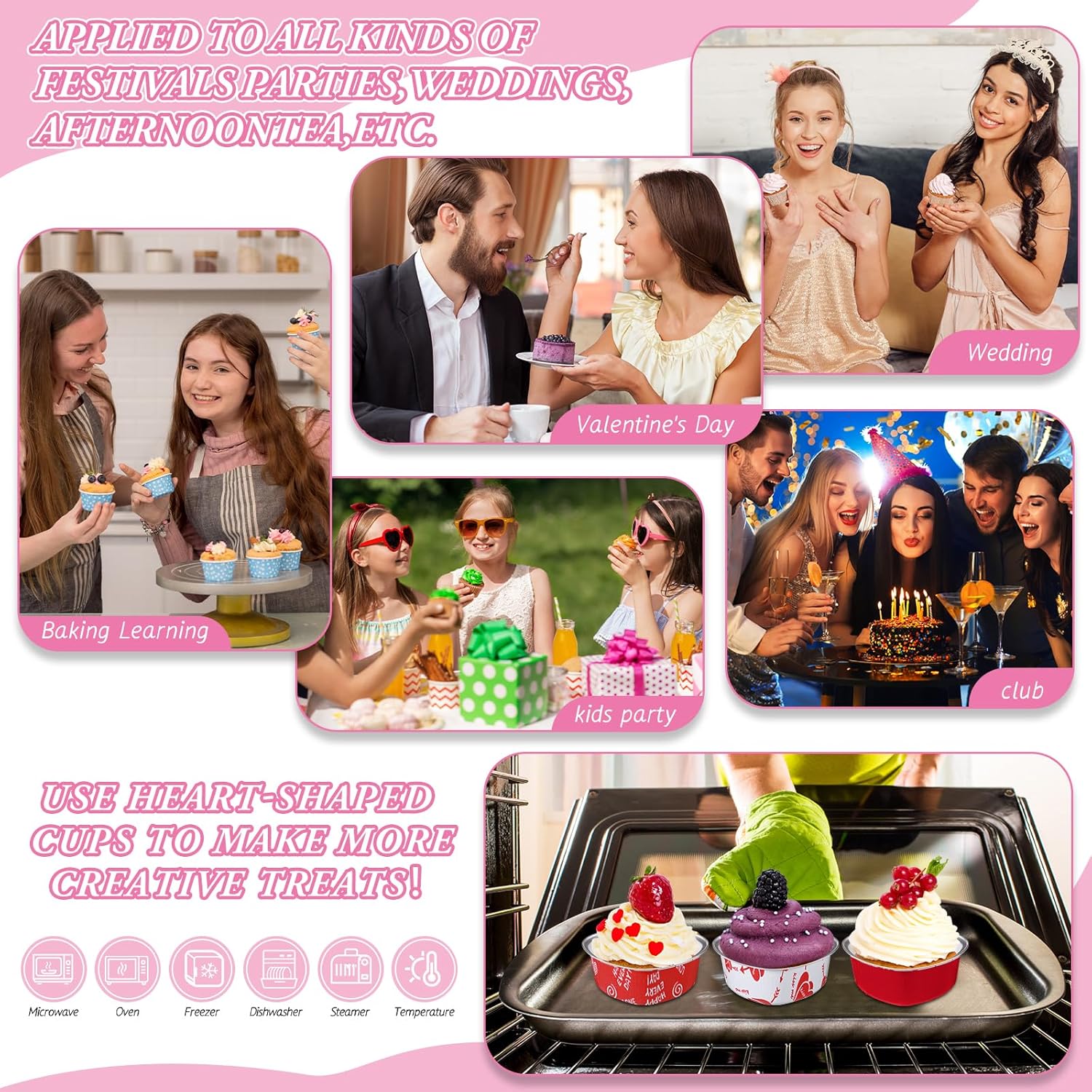 Paquete de 100 moldes para pasteles con forma de corazón de 3.4 onzas con tapas, de aluminio, para el Día de la Madre, para cupcakes, moldes para