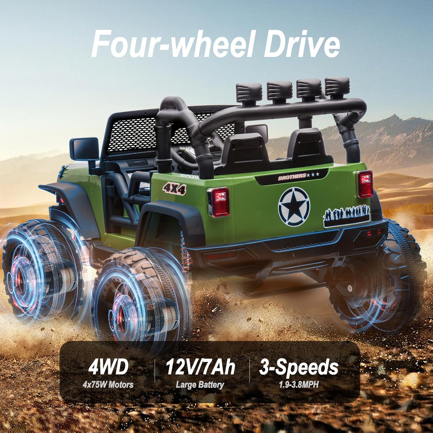 Juguete de paseo de 12 V 4WD para niños grandes, camión de 2 plazas para niños con control remoto, Bluetooth, verde militar