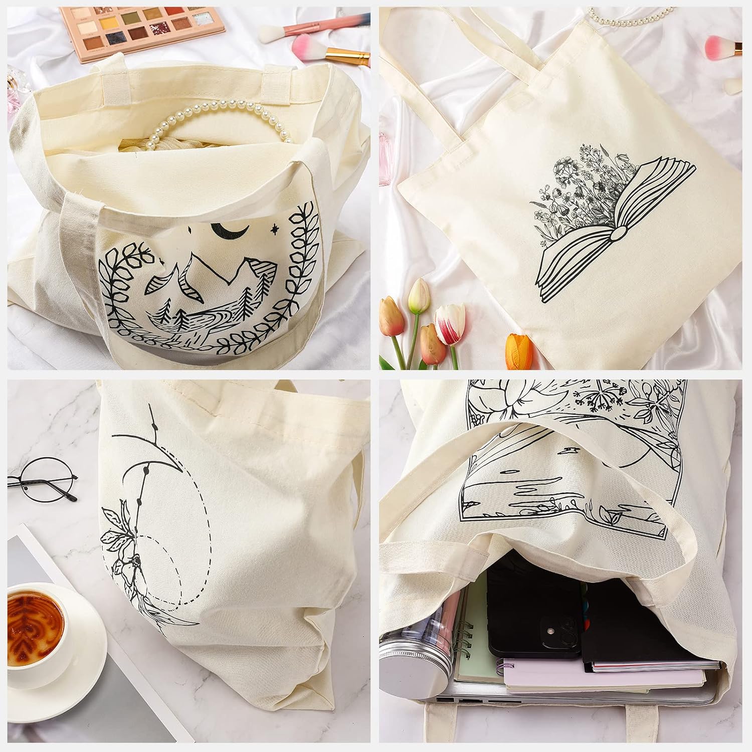 4 bolsas de lona para mujeres, diseño floral, gato, hongos, bolsa de compras reutilizable para niñas, regalo de Navidad (artístico)
