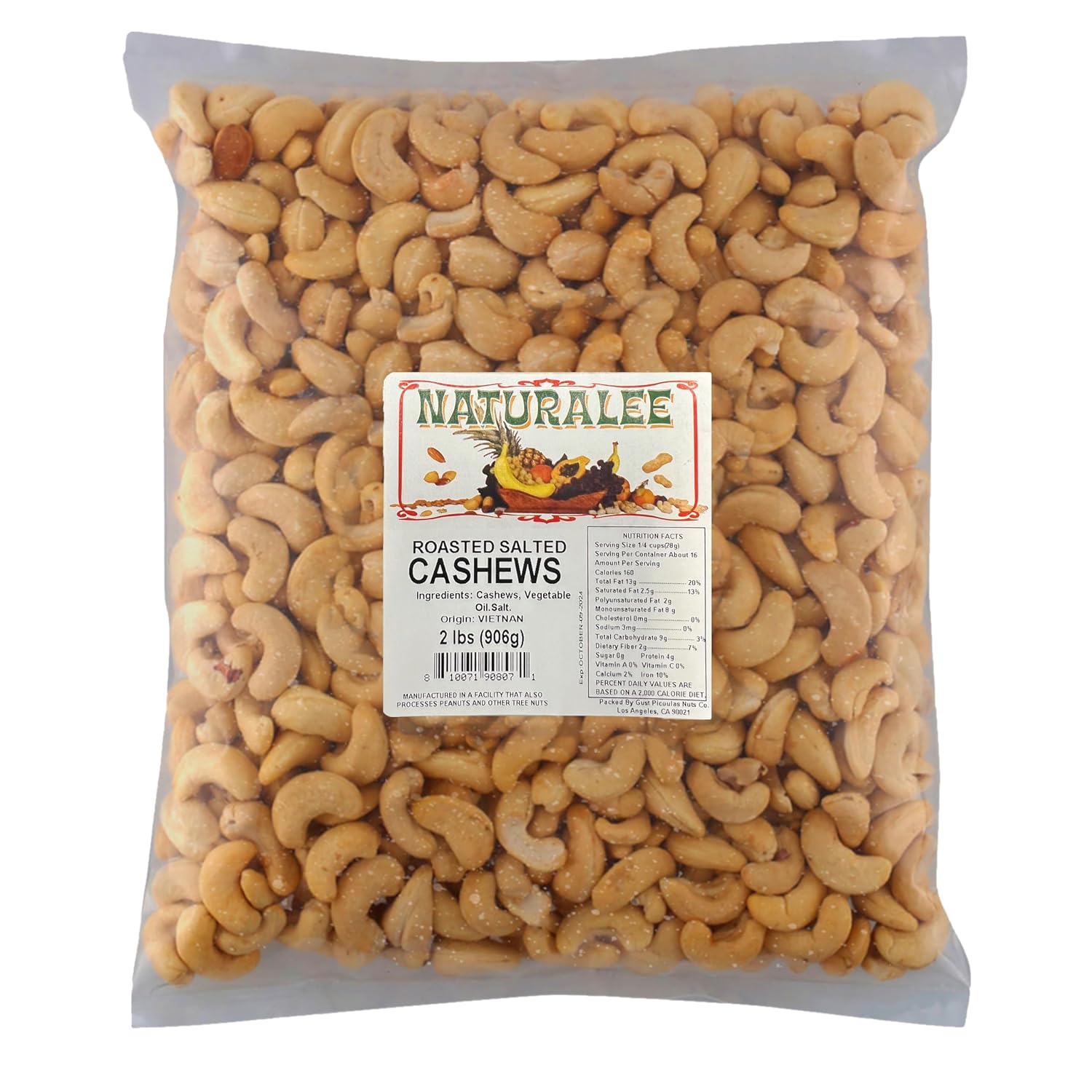Naturalee Anacardos 2 libras – Asado, salado – Bocadillo natural saludable para el corazón
