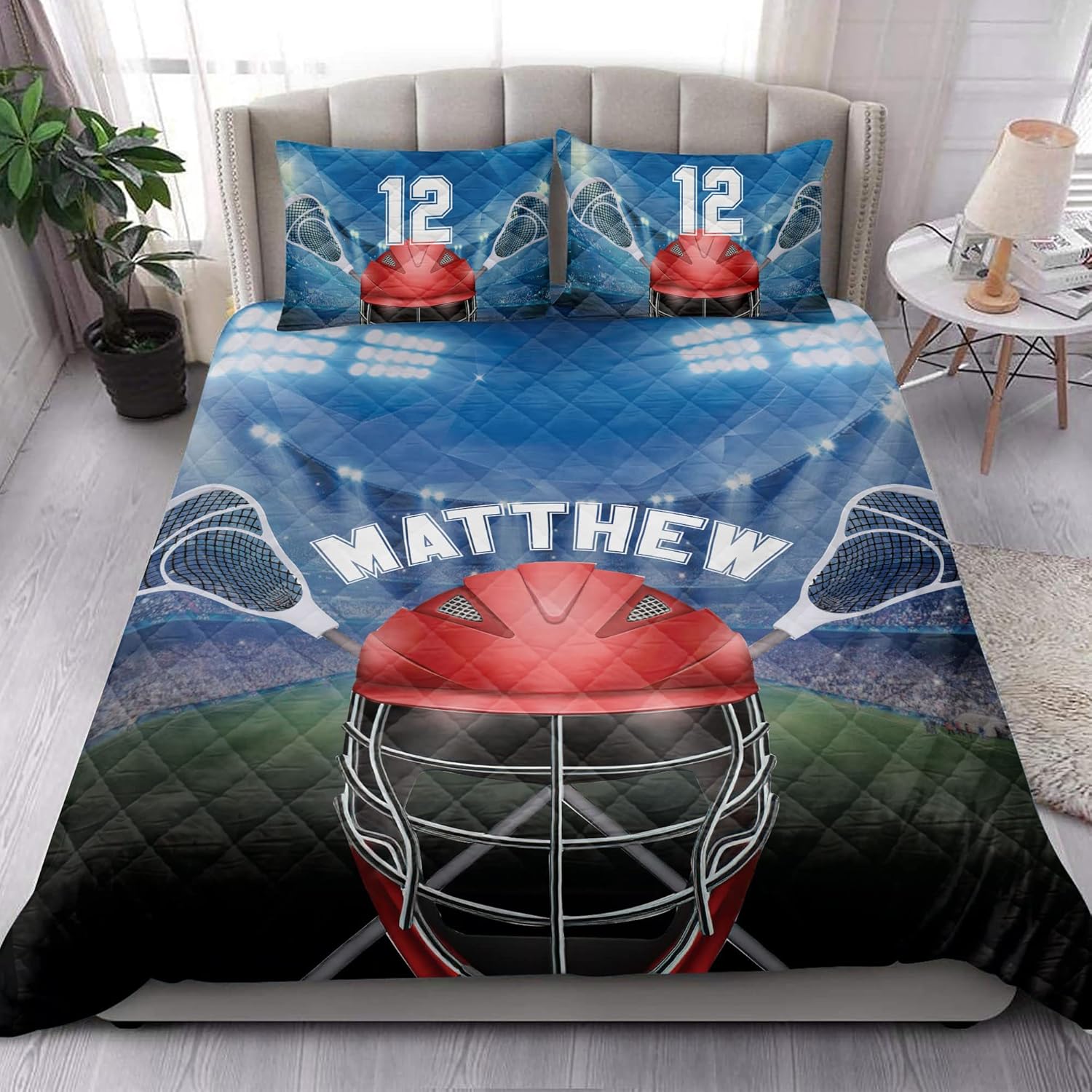OhaPrints Juego de ropa de cama y fundas de almohada con casco de Lacrosse personalizado, regalo para fanáticos del jugador de estadio, color azul,