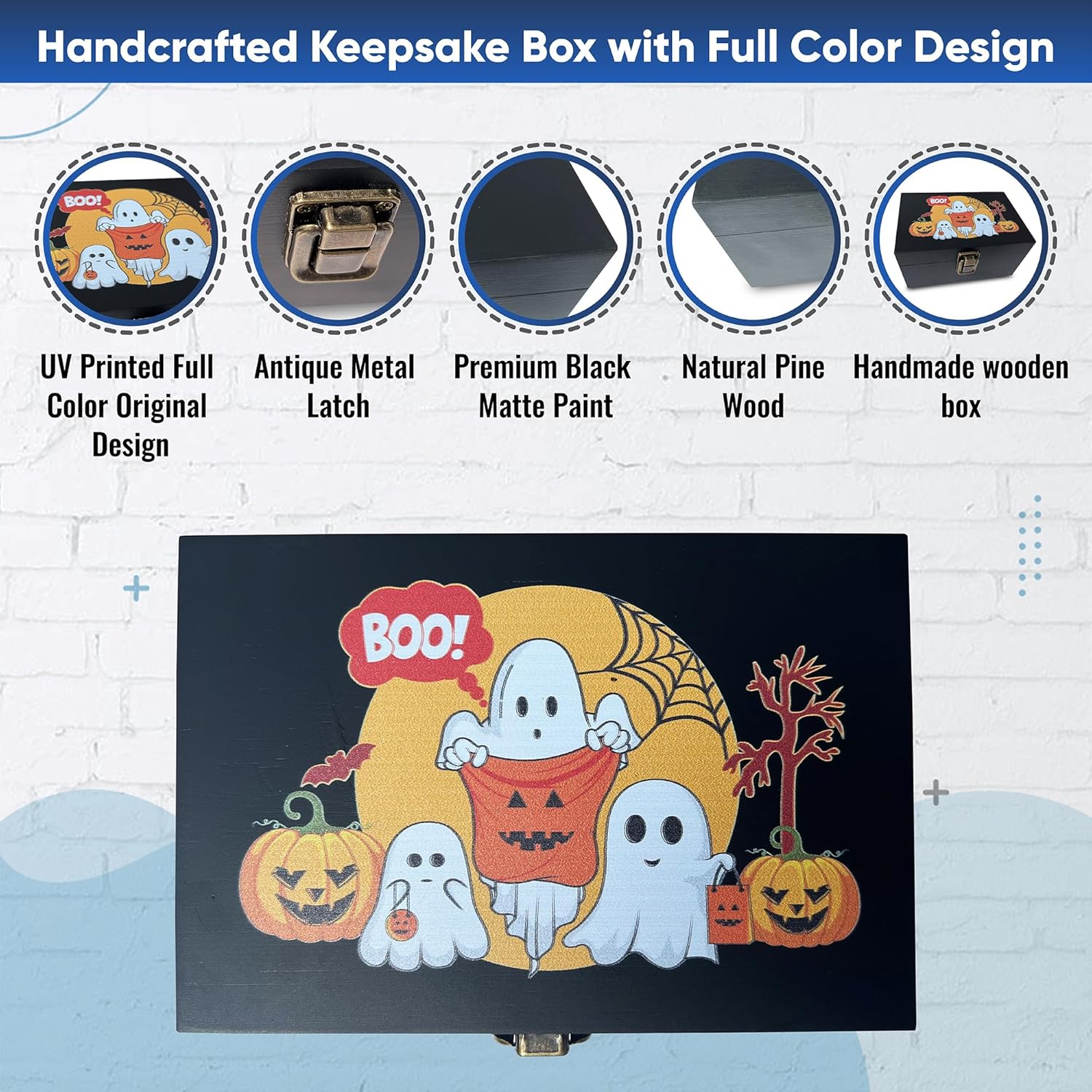 Caja de madera para fiestas o truco o trato, decoración de calabaza y fantasmas felices, caja de memoria para fotos, caja de recuerdo decorativa con