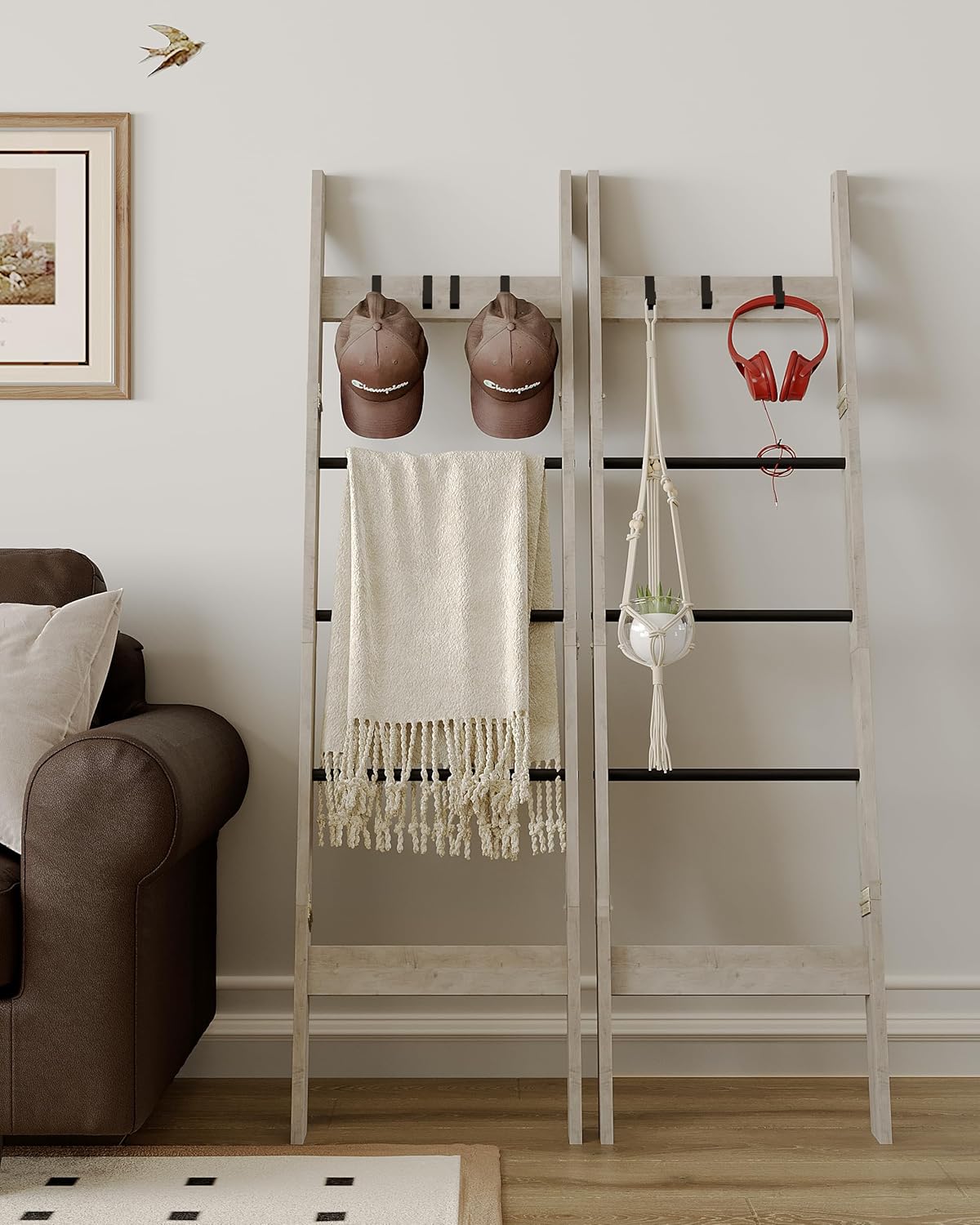 Escalera para manta, para dormitorio, estante decorativo de madera con 4 ganchos extraíbles, organizador de escalera de granja de 5 niveles para