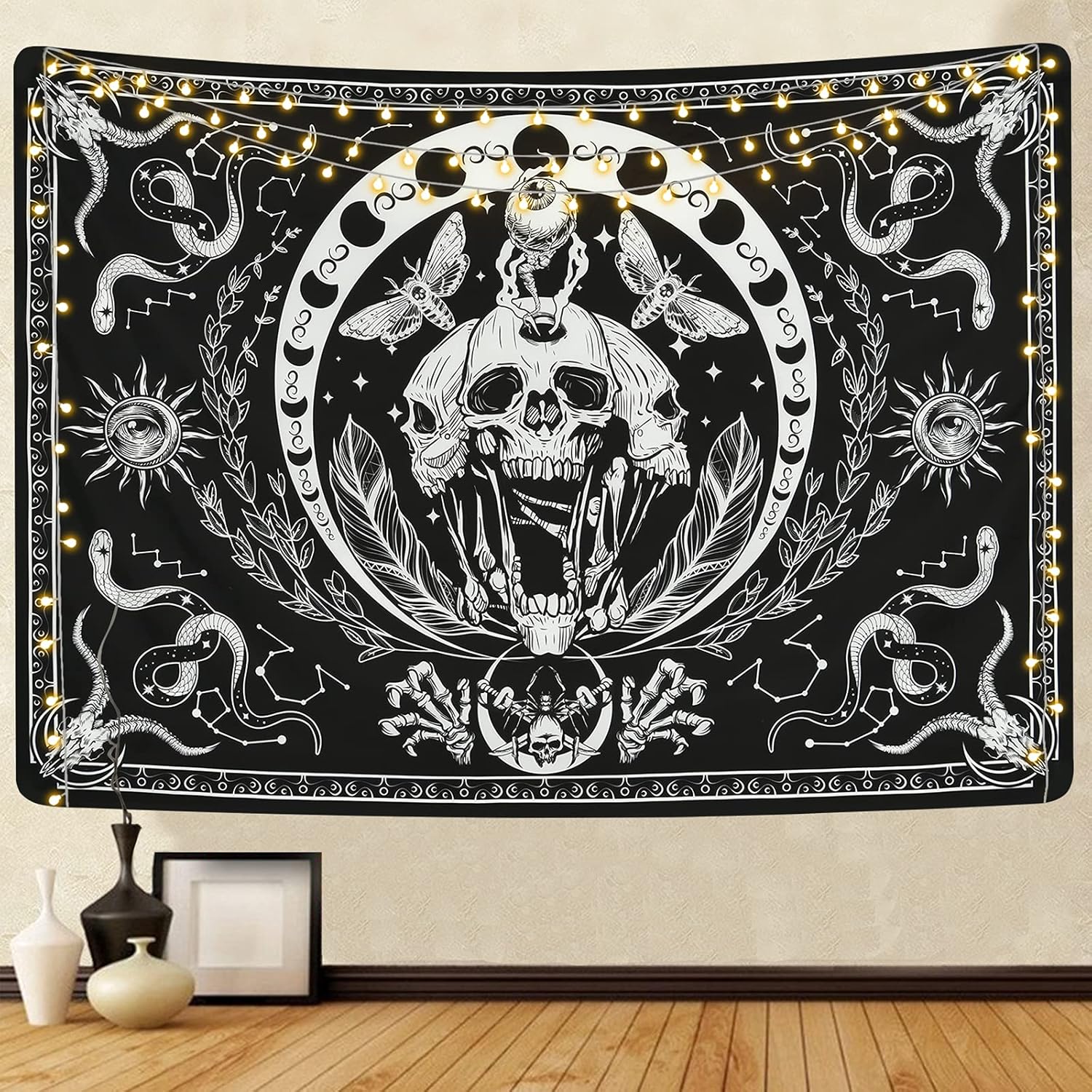 Krelymics Tapiz de calavera blanco y negro, tapiz de serpiente, tapiz de polilla, tapiz de esqueleto trippy, mandala de fase lunar, tapiz para