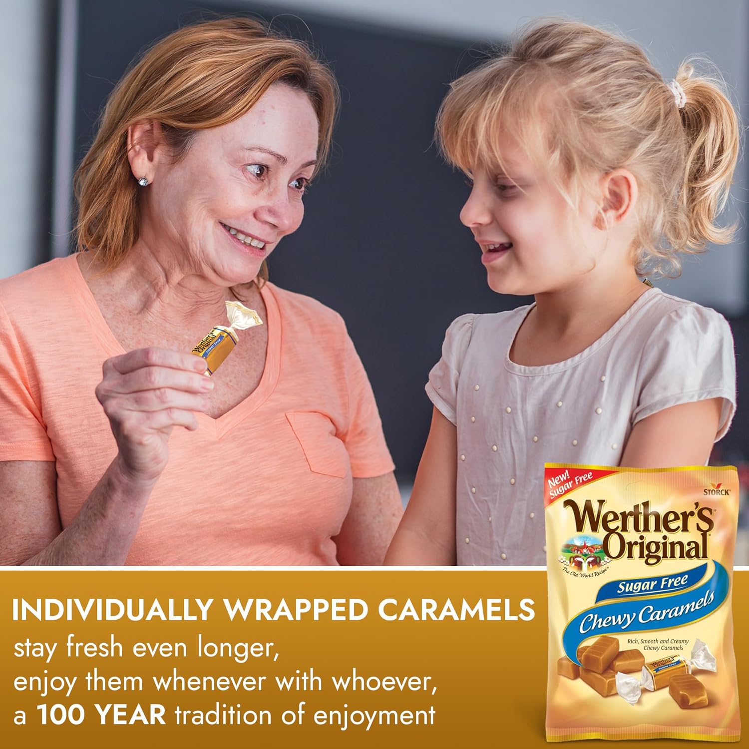 Werther’s – Caramelos masticables originales sin azúcar, dulces envueltos individualmente para adultos, paquete de 2