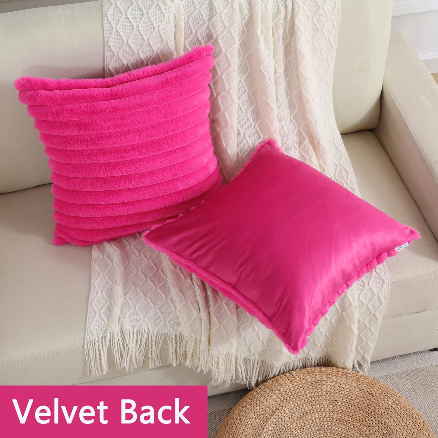 FUTEI – Juego de 2 fundas de almohada decorativas con rayas de color rosado intenso, 18 x 18 pulgadas, cuadradas y primaverales, piel sintética de