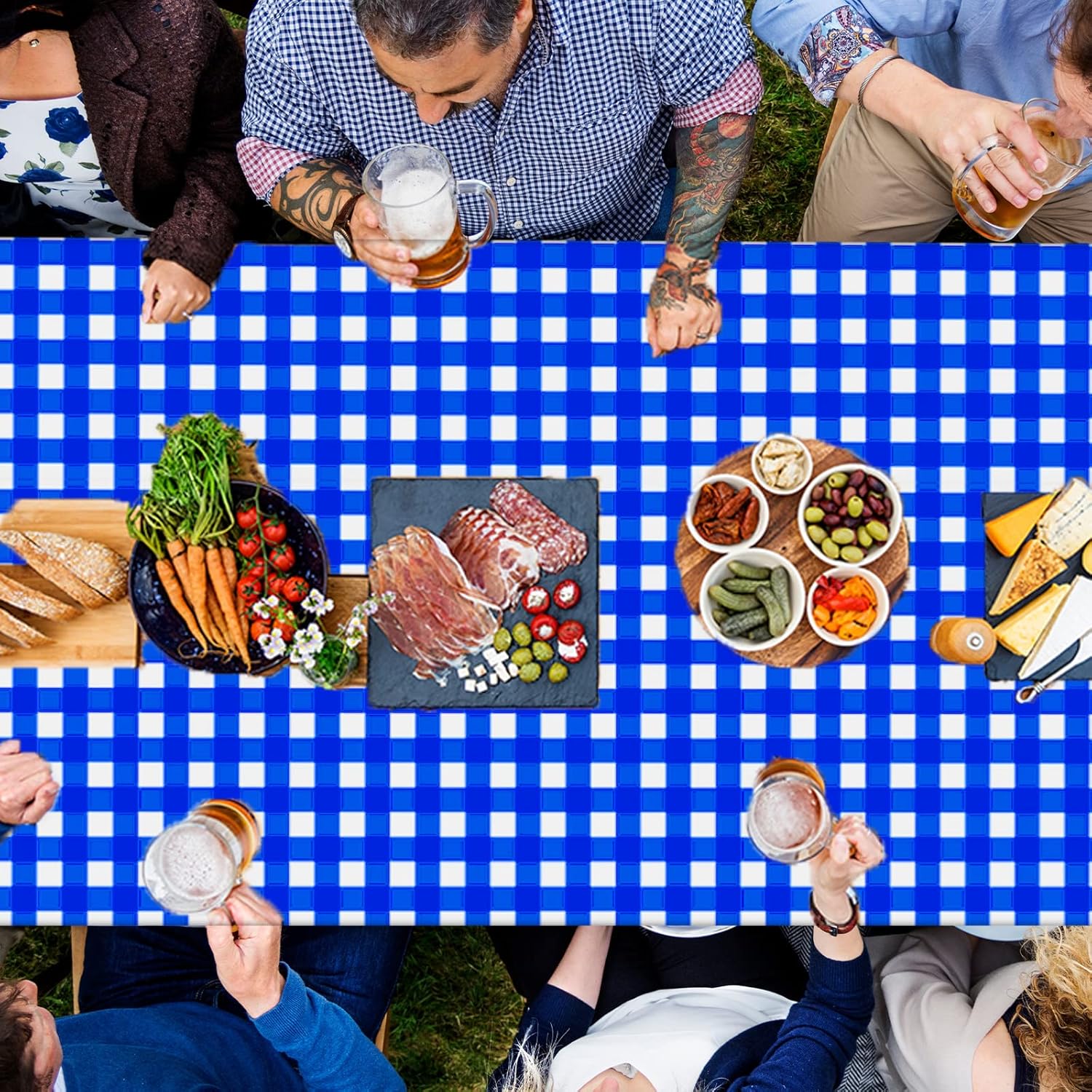 Blue Gingham Checkered Tablecloth Roll 52 in x 100 Ft with Slide Cutter Plastic Table Cloth Roll Blue Gingham Plastic Picnic Party Table Cover for