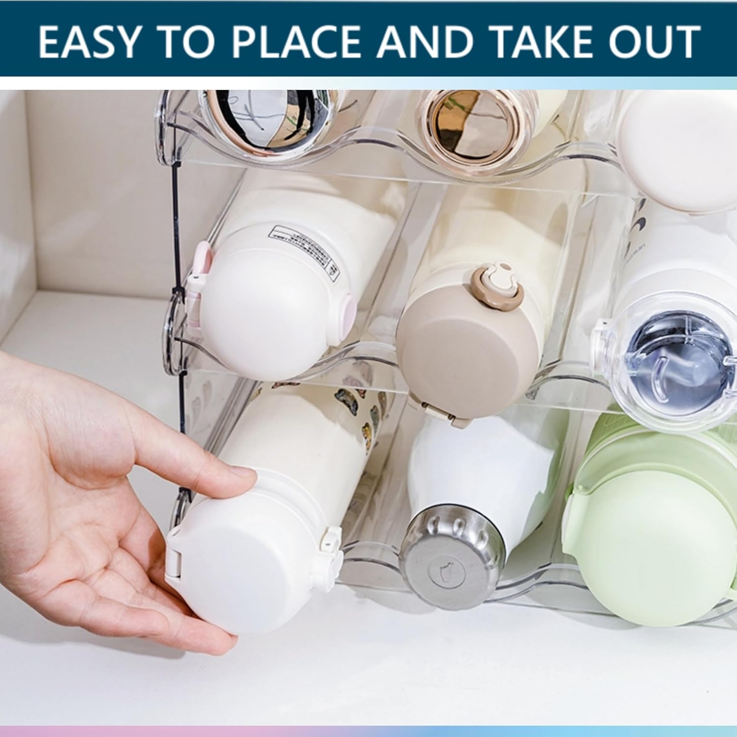 Zdesign Organizador de botellas de agua, soporte apilable de plástico para botellas de agua para gabinete, paquete de 4, despensa de cocina,