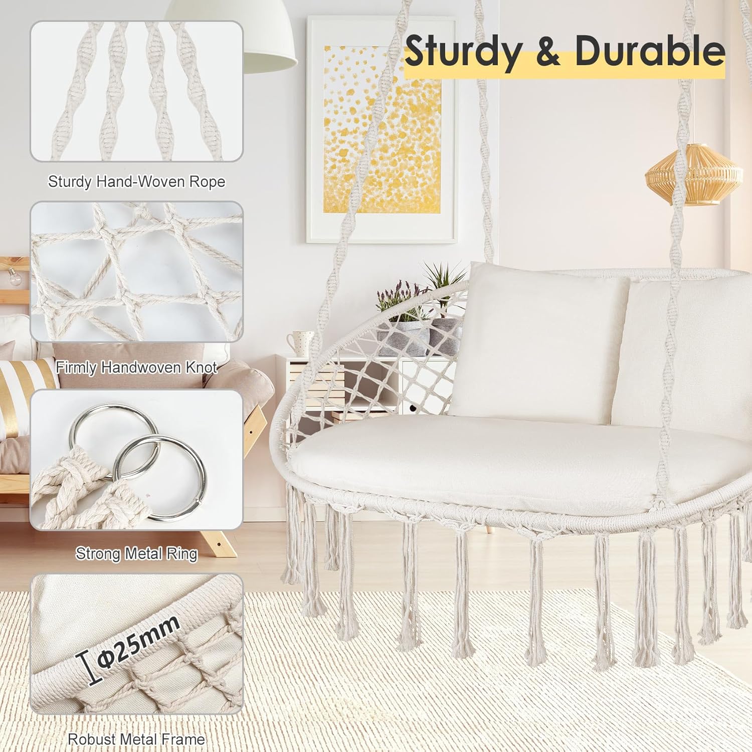 Silla oscilante doble, silla colgante grande de macramé con 3 cojines y accesorios de montaje, silla columpio tejida a mano para dormitorio, patio,