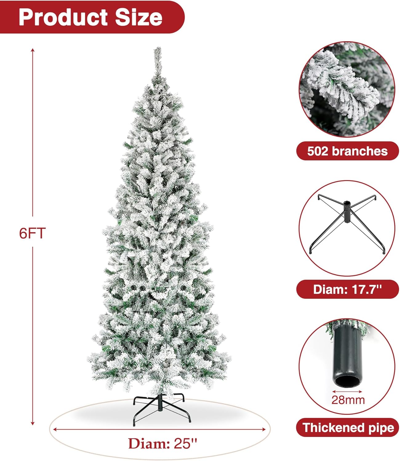 Árbol de Navidad de 6 pies con forma de lápiz, árbol de Navidad artificial de esquina delgada sin iluminación con 502 puntas de rama, soporte