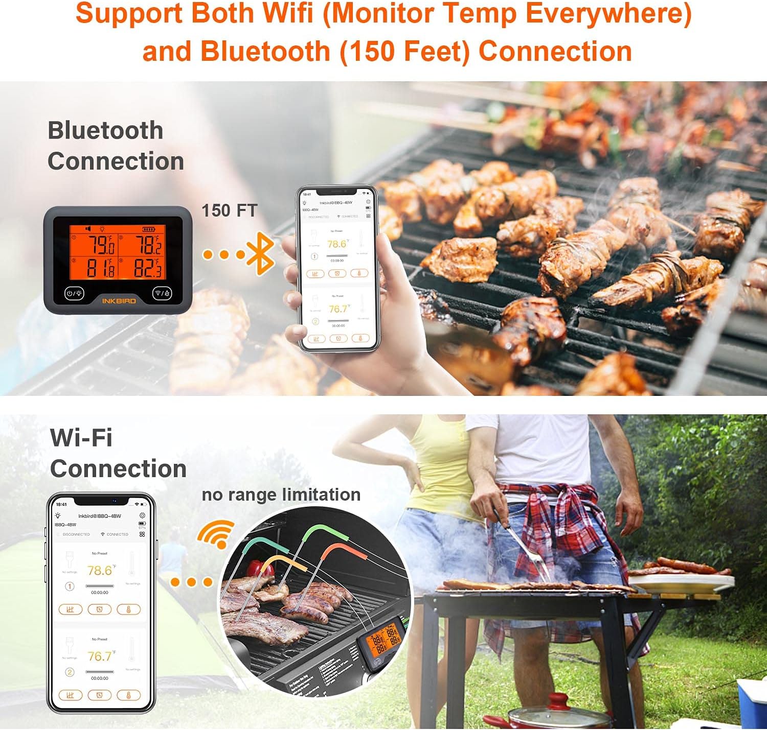 Termómetro de carne Bluetooth y WiFi IBBQ-4BW, termómetro inalámbrico inteligente para parrilla, 4 sondas de color, notificación móvil, temporizador