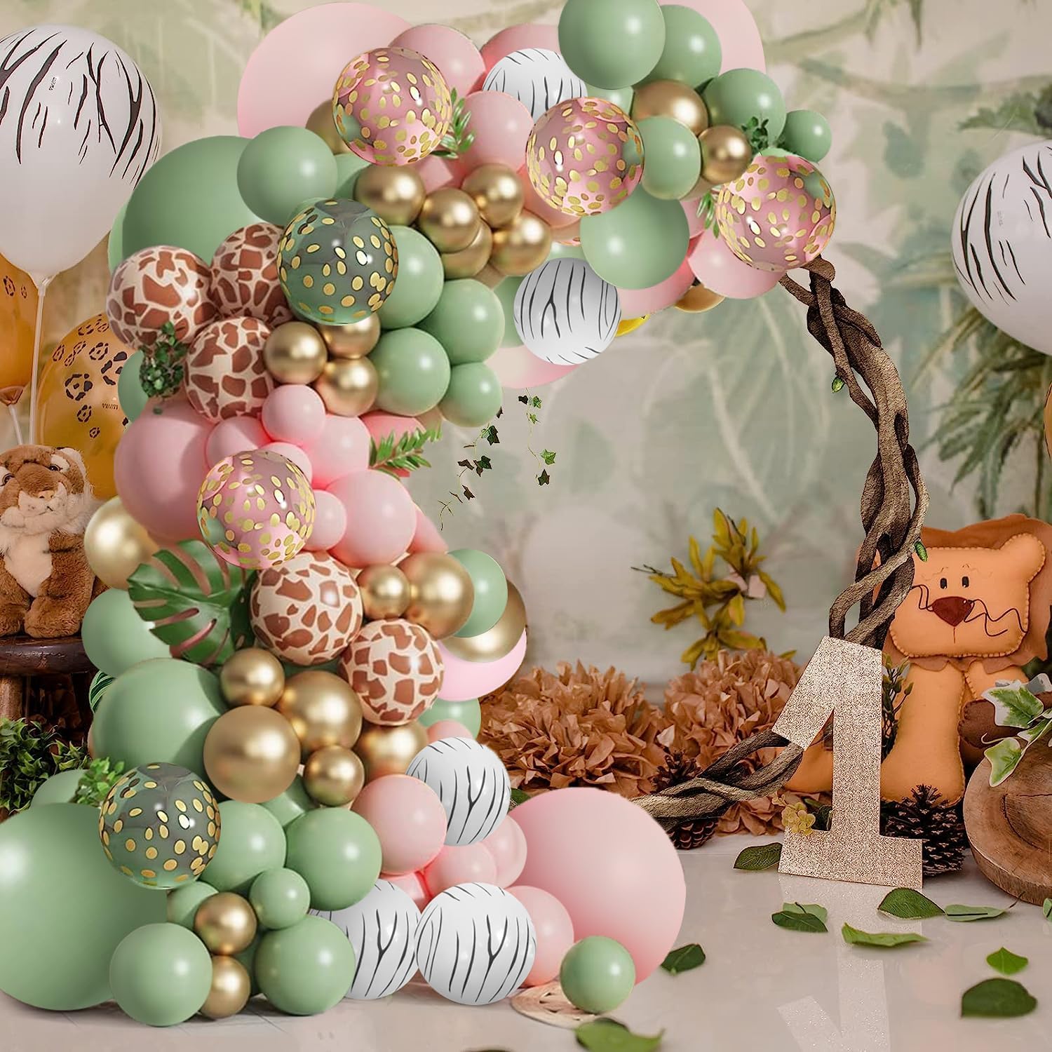Kit de guirnalda de globos de safari en la selva, jirafa, cebra, estampado a rayas, verde salvia, rosa, globos y globos de confeti dorado metálico