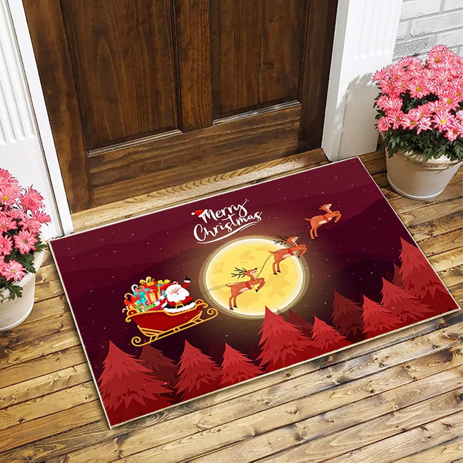 Tapete de la colección navideña para interiores y exteriores, antideslizantes, de perfil bajo para entrada, tapete de cocina con texto “Merry