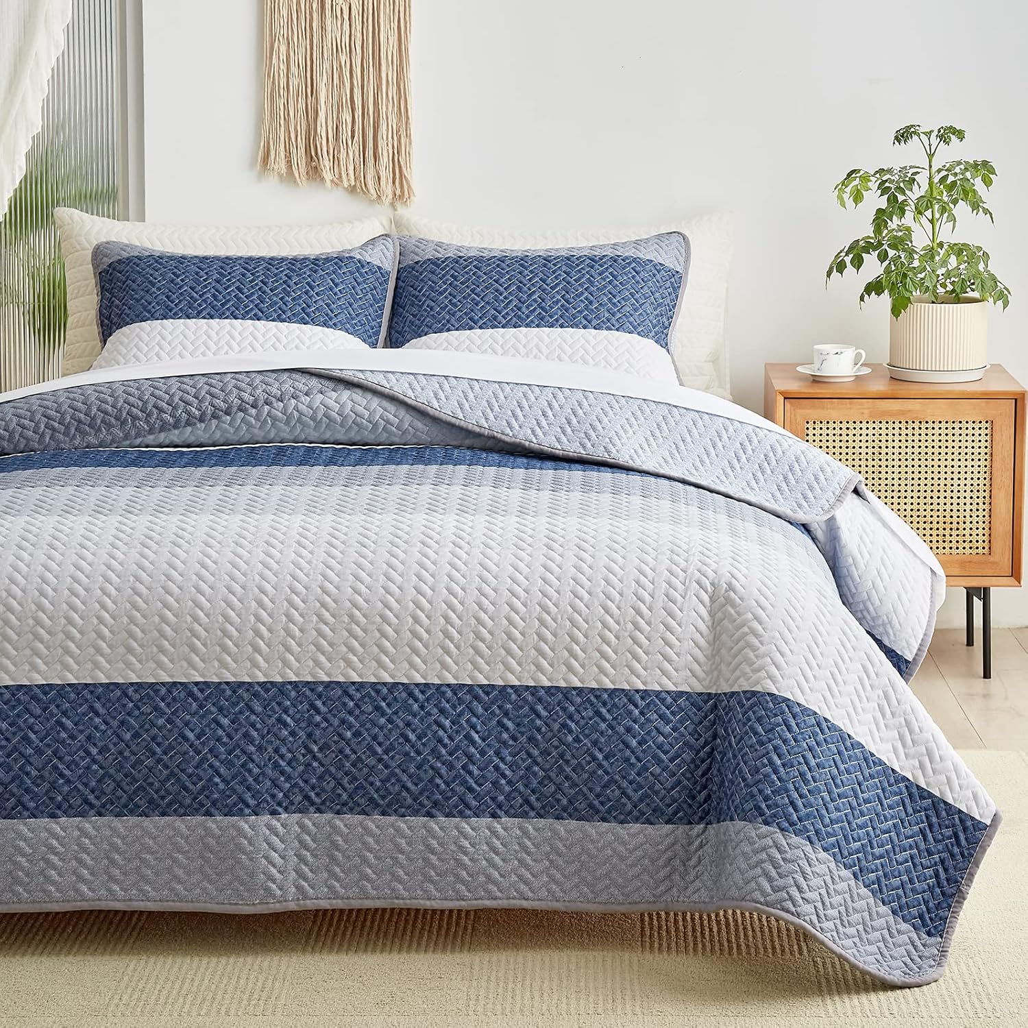 Juego de edredón de algodón a rayas tamaño King con rayas azul marino, blanco, azul, gris, algodón suave, reversible, juego de ropa de cama de 3