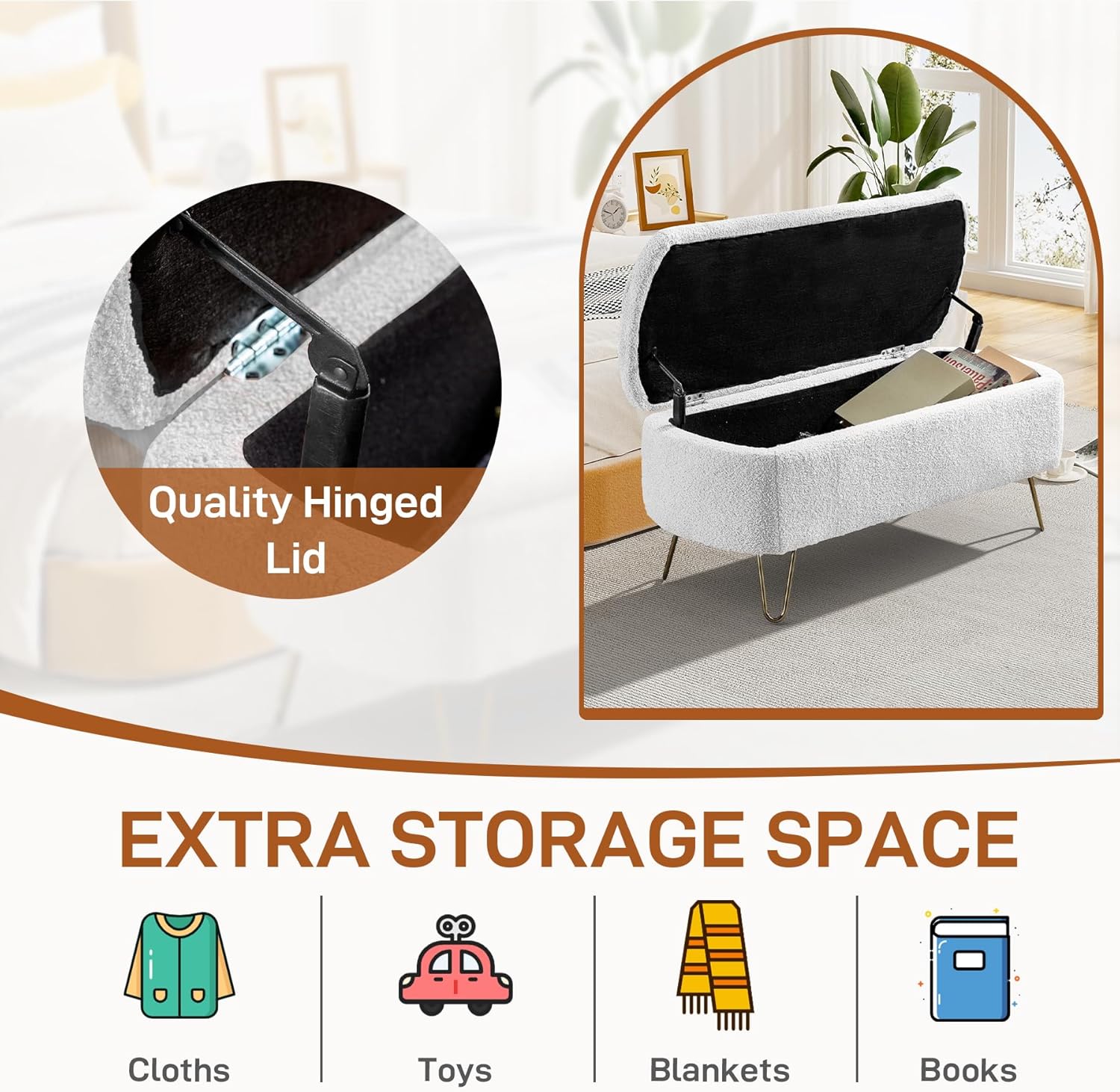 DAMAIFROM Banco otomano de almacenamiento para dormitorio, extremo de la cama, otomana de almacenamiento de peluches con patas doradas, banco