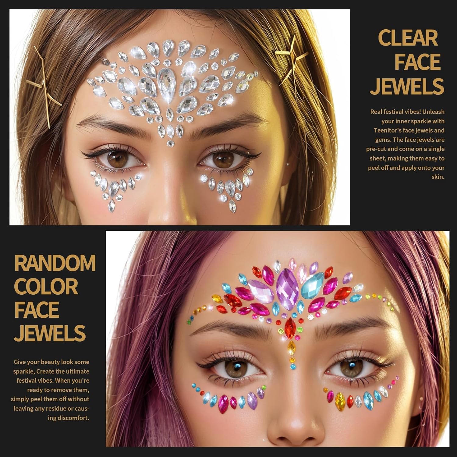 Teenitor Joyas faciales para festivales de rostro, diamantes de imitación para el rostro, gemas para el cabello, gemas para el ojo, gemas para el
