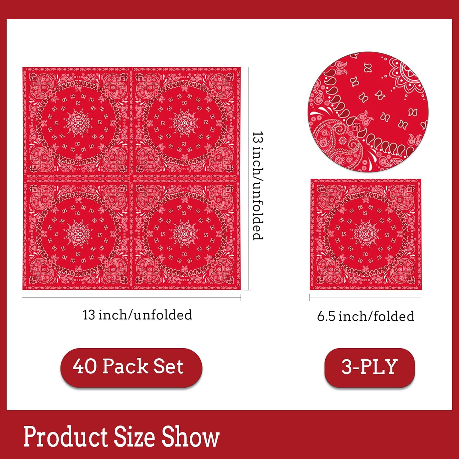 Juego de 40 servilletas de papel del oeste de color rojo con bandana roja, juego de servilletas de papel occidental, bandana roja, suministros para