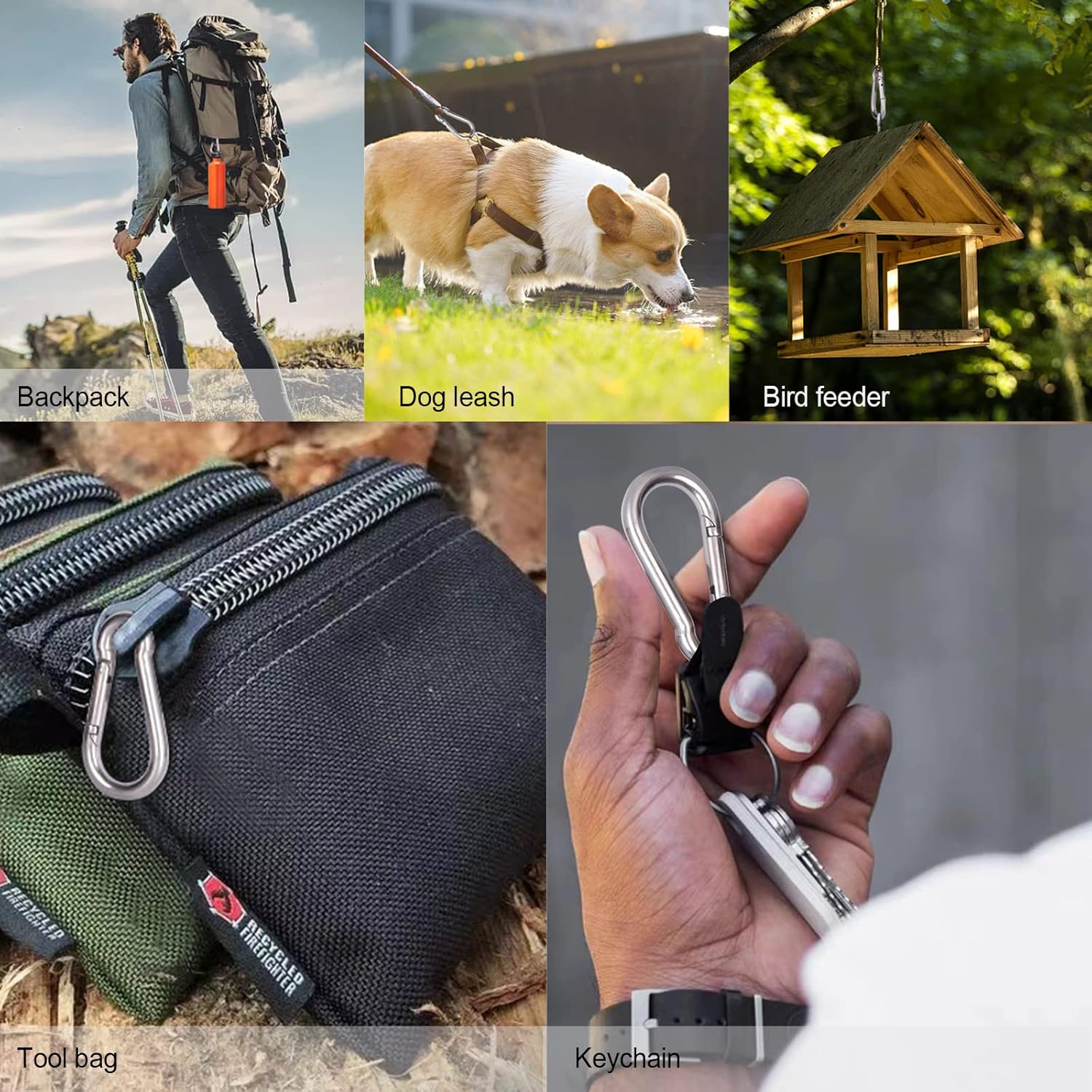 KINLINK Paquete de 10 mosquetones de acero inoxidable 304, gancho de resorte resistente de 2.36 pulgadas, clips de mosquetón para campamento al aire