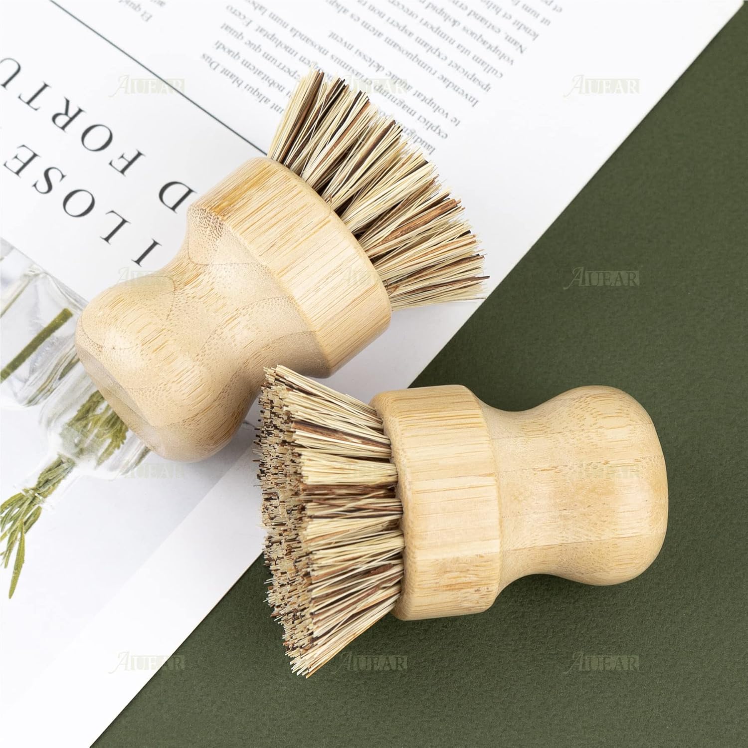 AUEAR, Cepillo de bambú natural para fregar platos, cepillos de limpieza para ollas, cerdas de coco para sartenes de hierro fundido (paquete de 4)