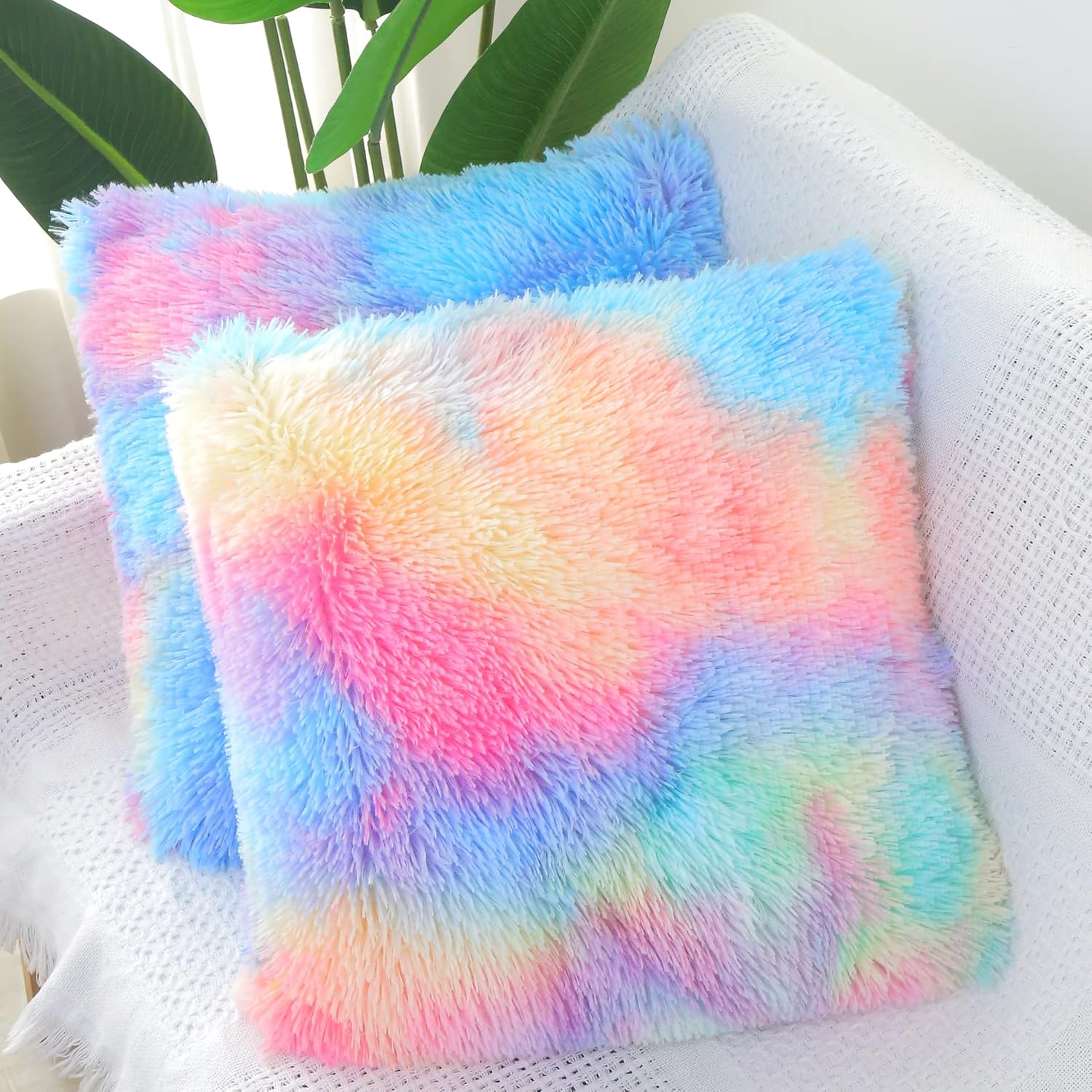 Almohadas esponjosas para decoración de habitación de niña para cama, funda de almohada suave de piel sintética para sofá rosa arcoíris, juego de 2