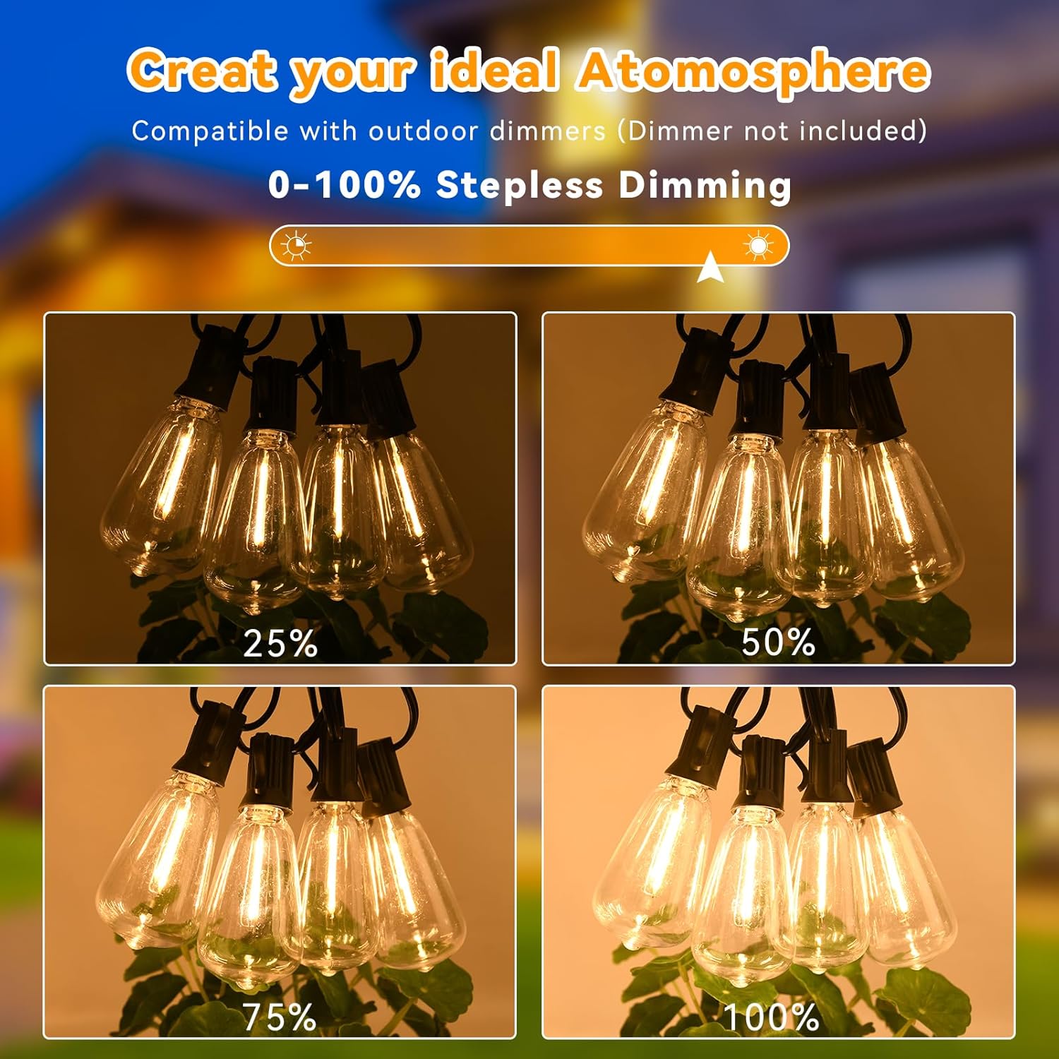 Paquete de 1 tira de luces para exteriores de 120 pies, impermeable, con 62 bombillas LED regulables inastillables, aprobación UL, ST38, bombillas