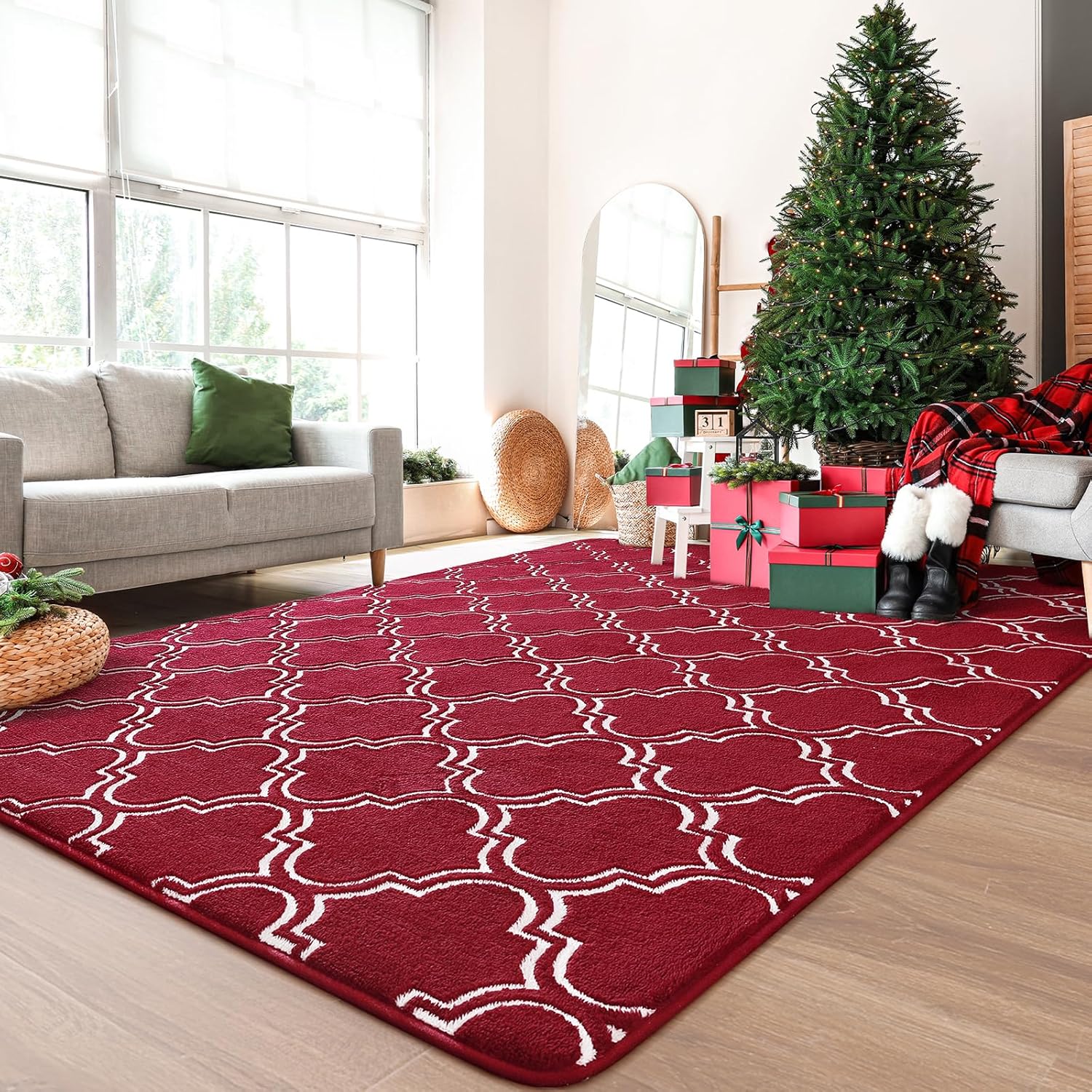 HOMORE Alfombra geométrica para dormitorio, 5 x 7 pies, color rojo vino, alfombra lanuda para sala de estar, alfombra de área suave para niños,