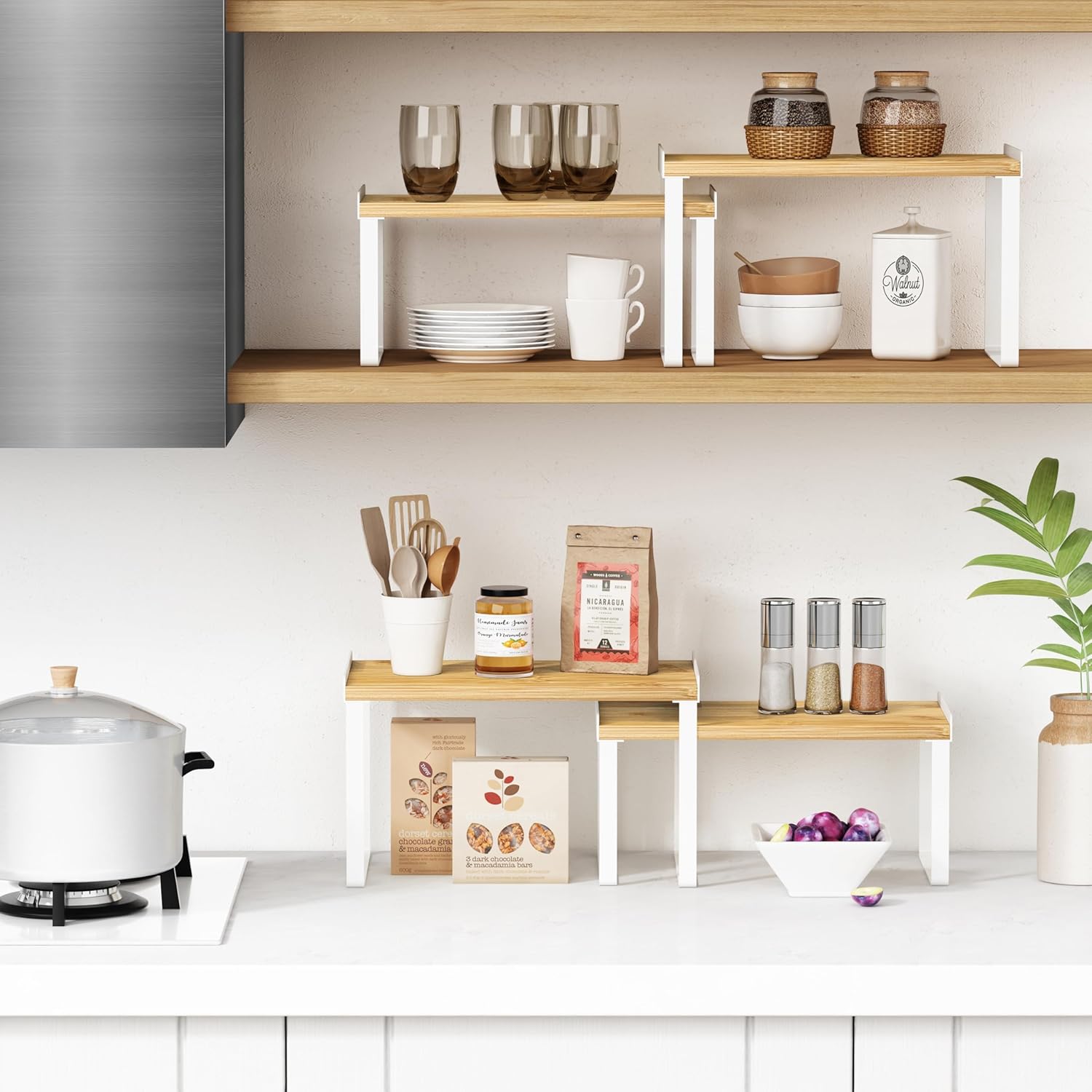 Juego de 4 estantes organizadores de armario de cocina, organizador apilable de encimera para encimera de cocina, organizadores de esquina y estante