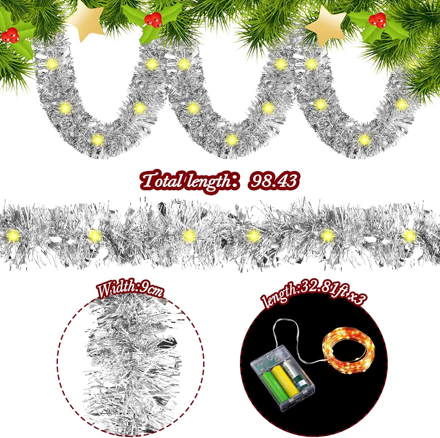 Glitinsel Guirnalda metálica de oropel preiluminada de Navidad con tira de luces LED, guirnalda de Navidad para colgar en el árbol de Navidad, boda,