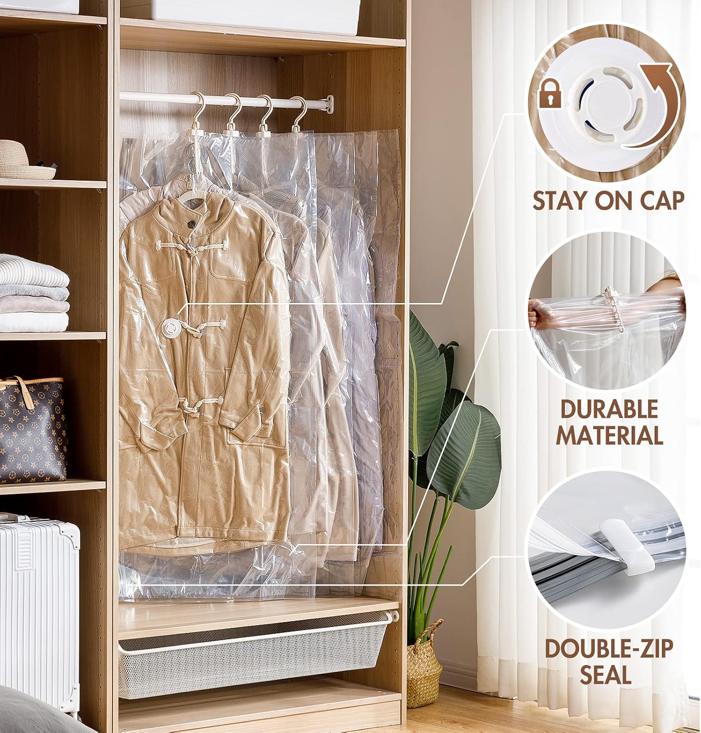LEVERLOC Bolsas colgantes de almacenamiento al vacío para ropa, transparentes, paquete de 4 bolsas de almacenamiento de sellado al vacío para ropa,