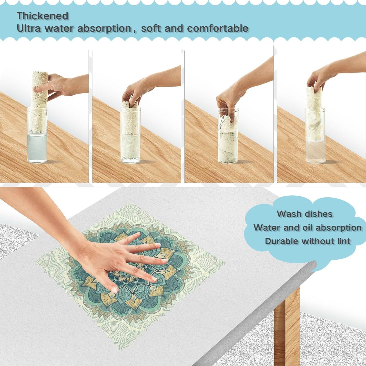 Ornamental Round Mandala Floral 6 Pack Quick Dry Microfiber Dish Drying Towel Print Cotton Rags for Countertop Sink