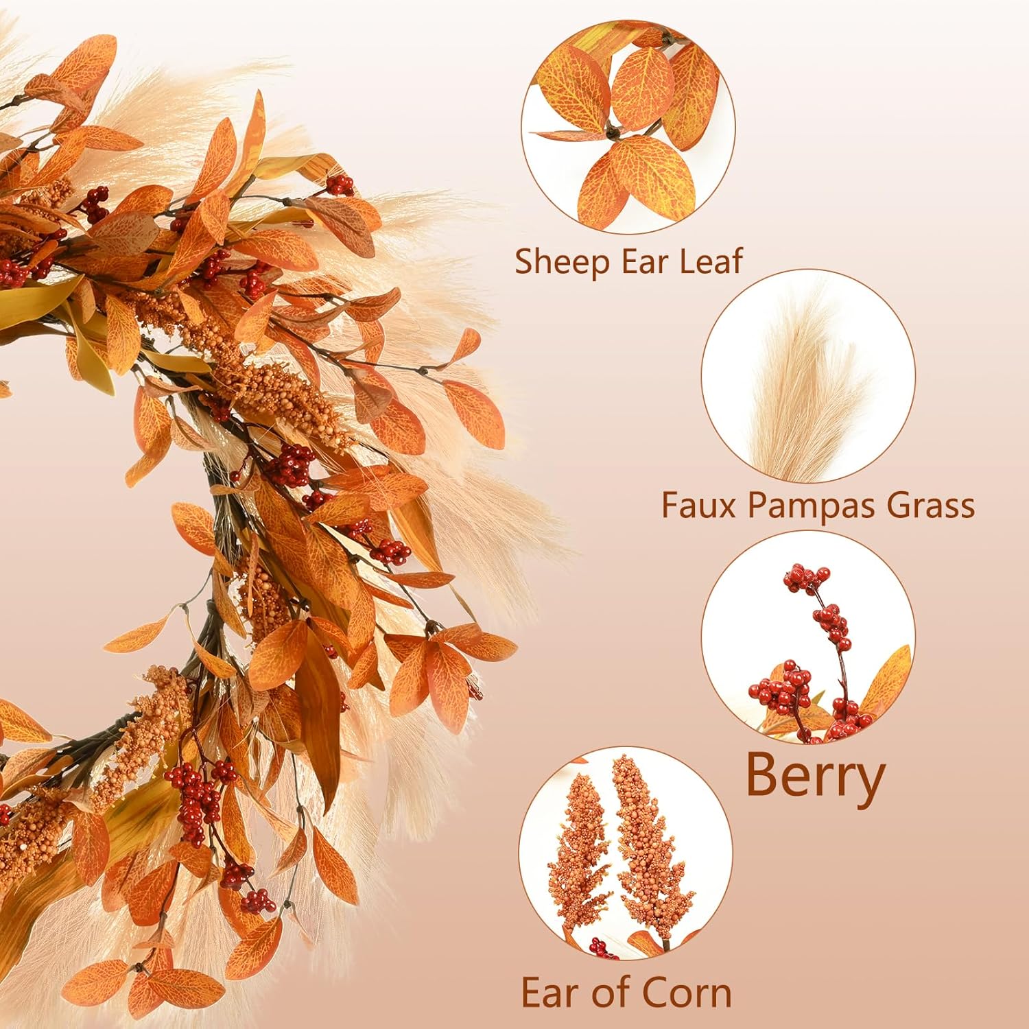 Corona de otoño para puerta delantera, corona de otoño de 20 pulgadas, corona de puerta delantera de otoño con ganchos para decoración de porche
