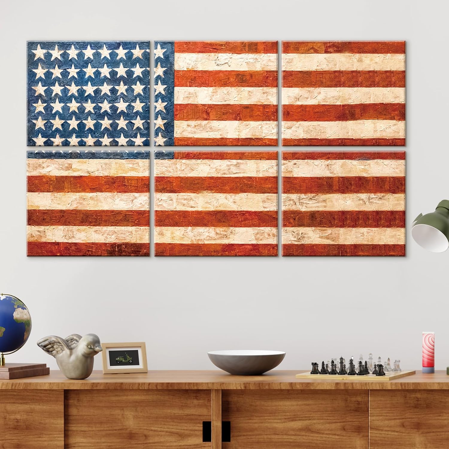 JBER Arte de pared para sala de estar, bandera sin marco sobre tablero de fibra, 6 paneles empalmados en una gran decoración de pared autoadhesiva,