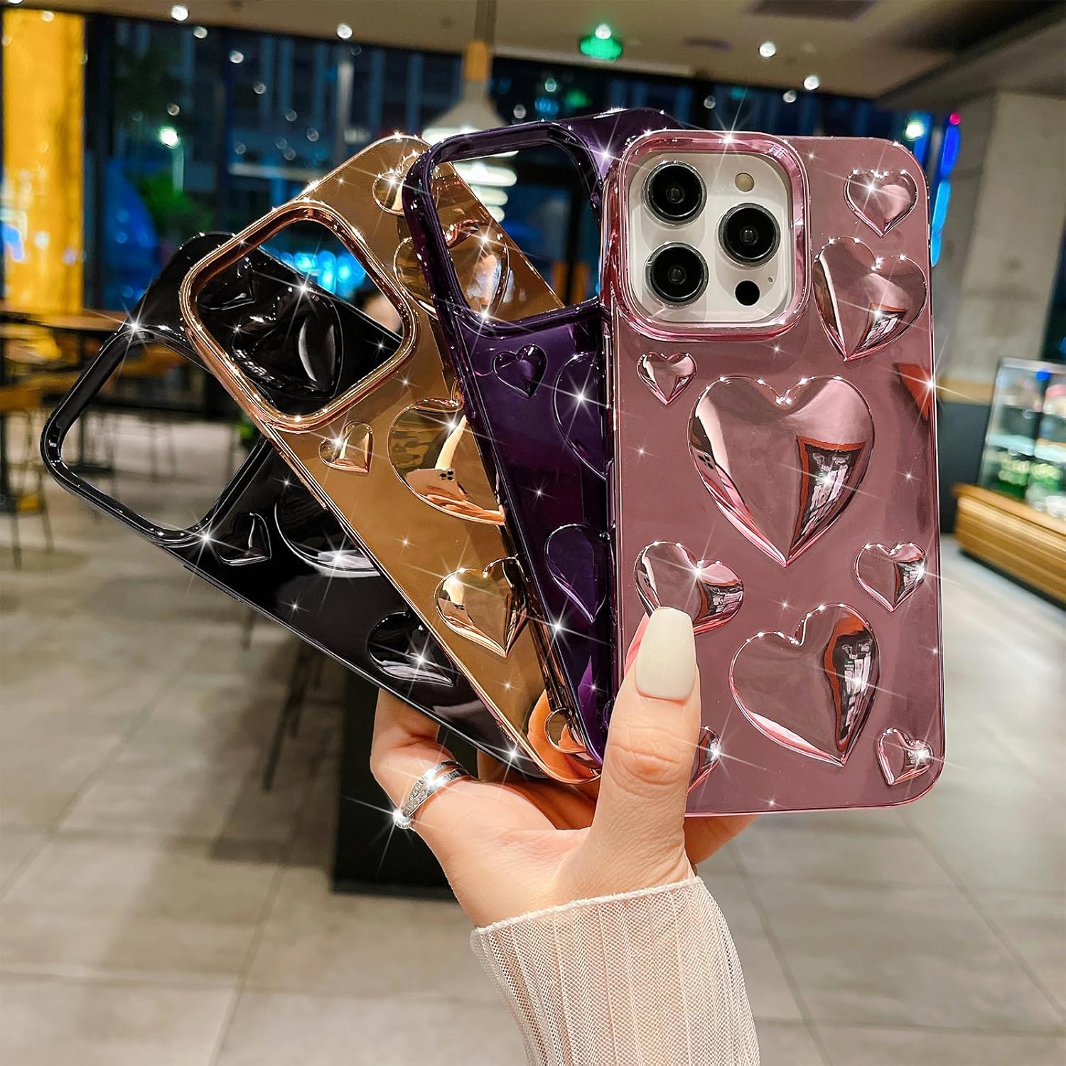 Funda para iPhone 13 Pro Max, lujosamente chapada en 3D Love Heart, bonita funda para iPhone 13 Pro Max, funda protectora transparente suave a