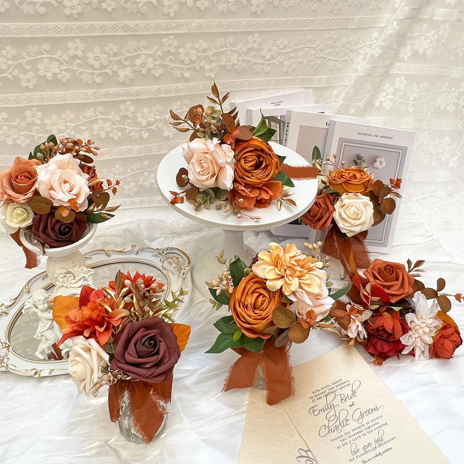 CherishedMoments Juego de 6 centros de mesa de flores surtidas, mini flores florales para decoración de mesa de boda de otoño, ramos de naranja