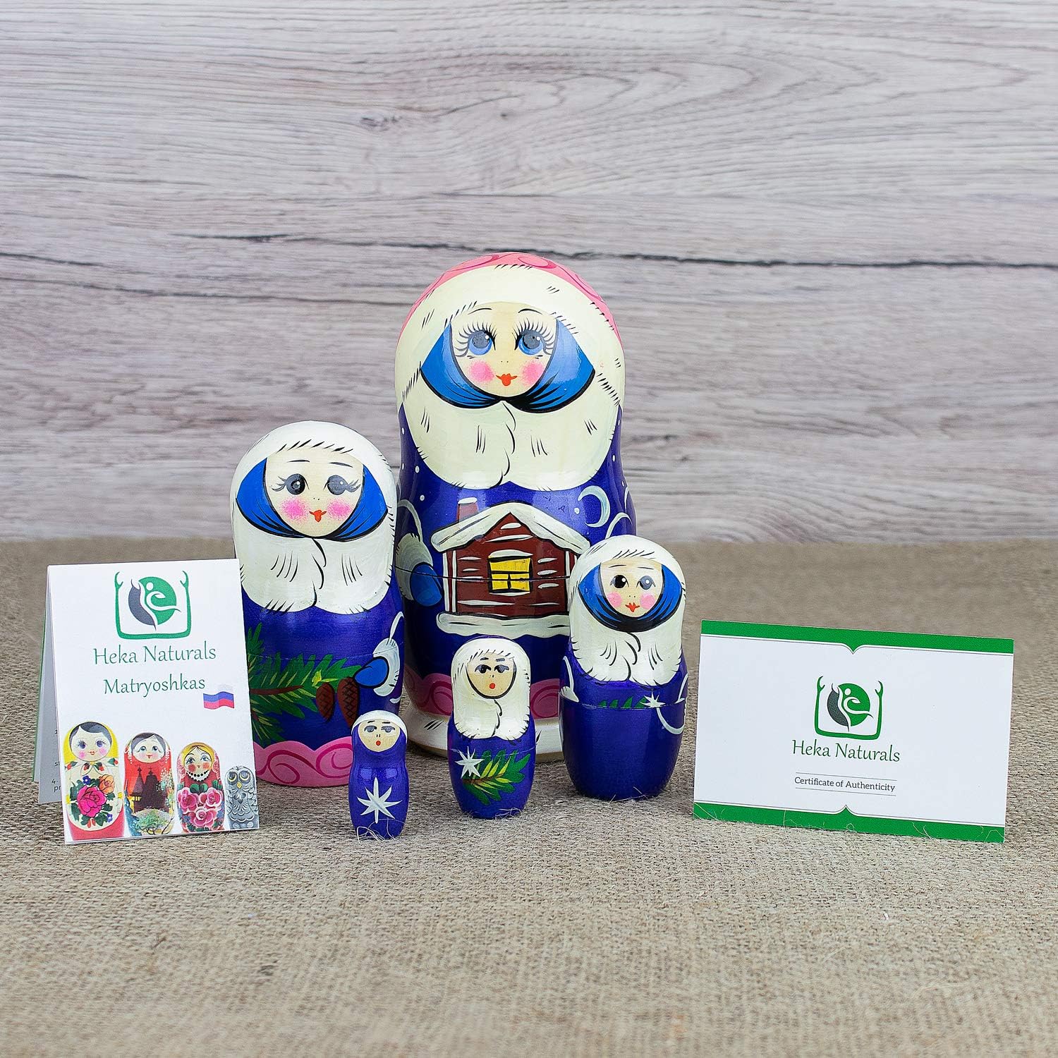 Heka Naturals Snow Maiden Nesting Dolls  All Natural Wooden Matryoshka Doll Set of 5 (7 Inch) – Traditional Babushka Home Decor, Wooden Stacking
