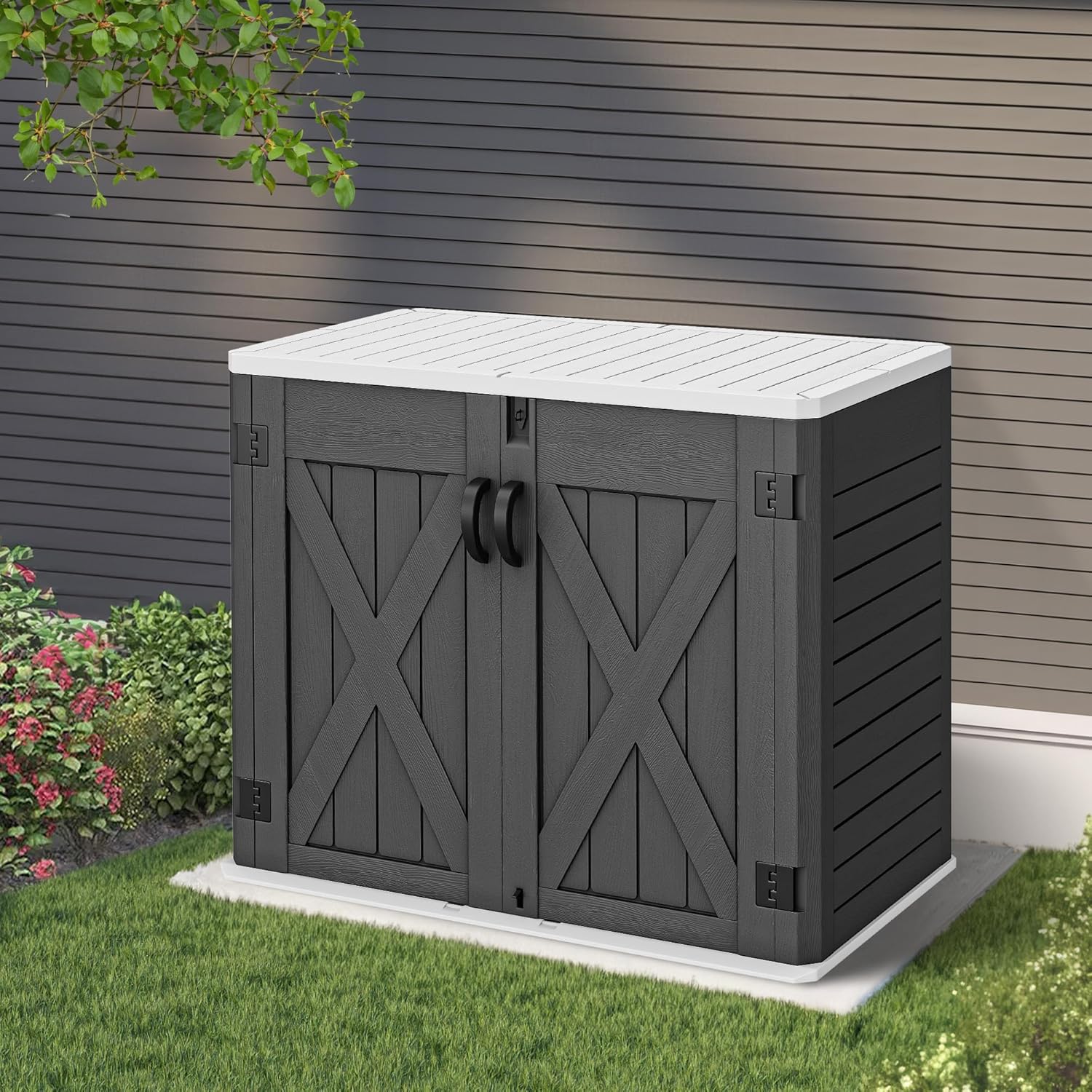 YITAHOME Cobertizo de almacenamiento horizontal para exteriores con puerta con cerradura en forma de X, 35 pies cúbicos de resina resistente a la
