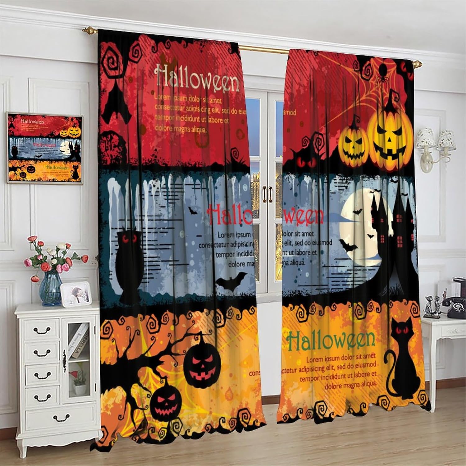Cortinas de Halloween de terror, caricatura, gato, calabaza, murciélago, castillo, patrón de Halloween, cortinas impresas para decoración del hogar,