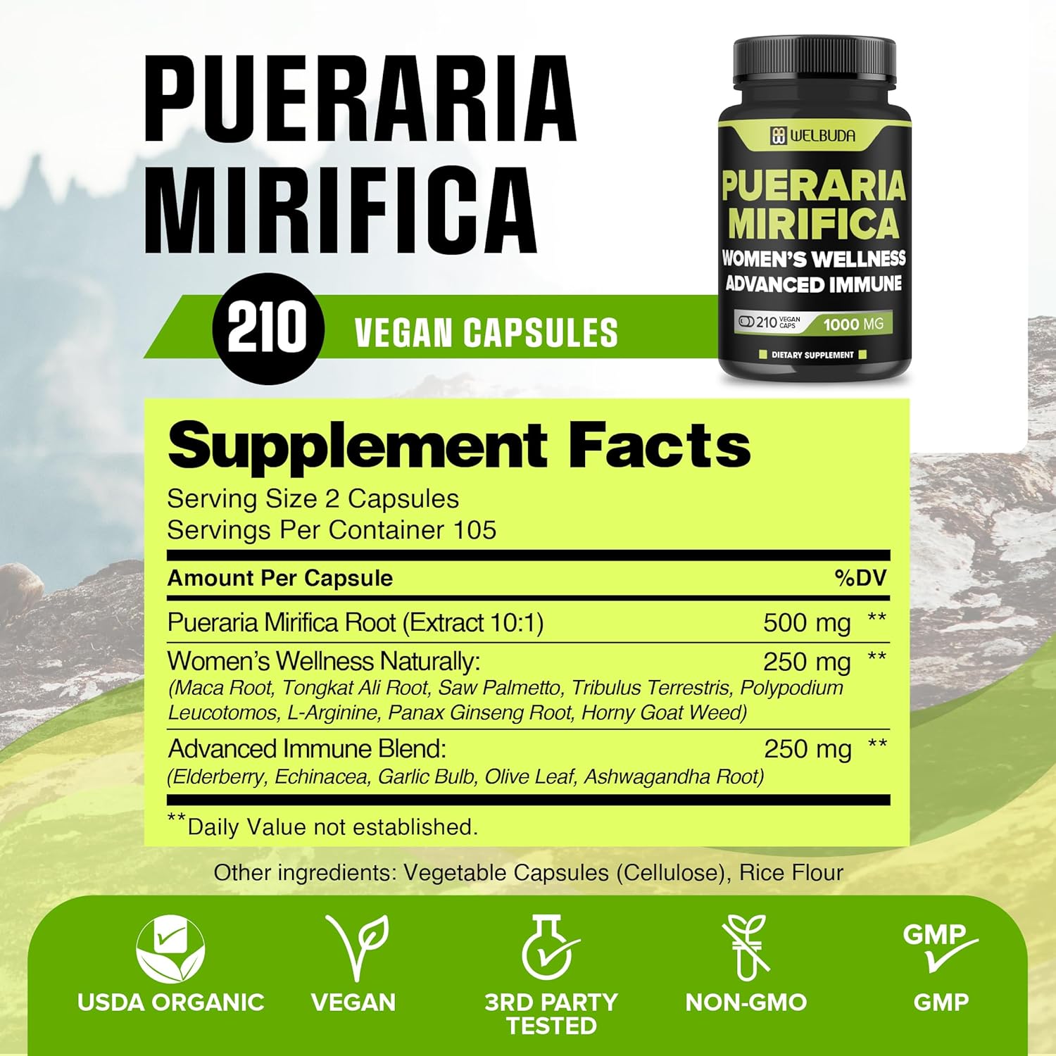 Cápsulas Pueraria Mirifica de 1000 mg con raíz de maca, raíz de Tongkat Ali, saúco, equinácea y más, apoya el bienestar de las mujeres de forma