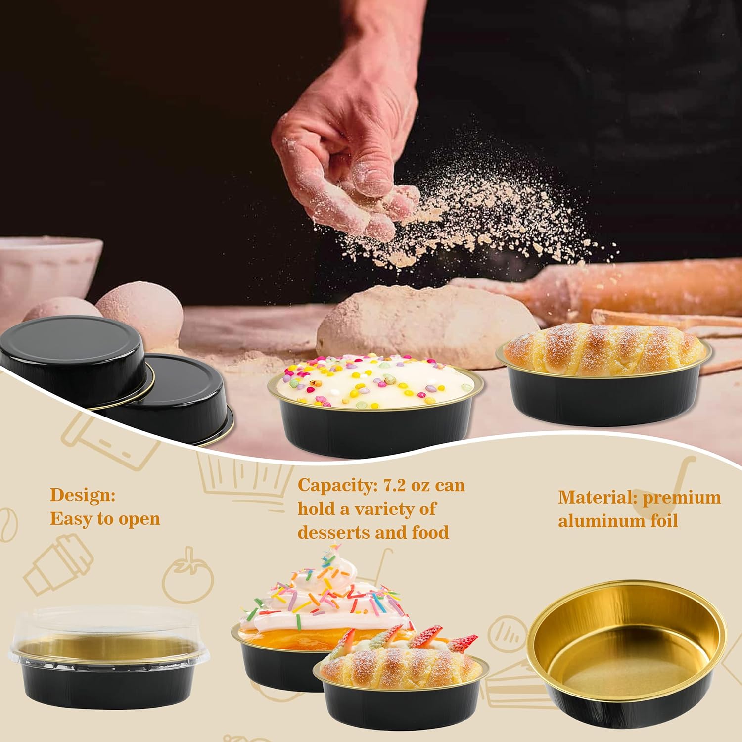 BAKINGPAK Mini moldes para pasteles con tapas, 50 unidades de papel de aluminio desechables de 7.2 onzas, moldes individuales para tartas de