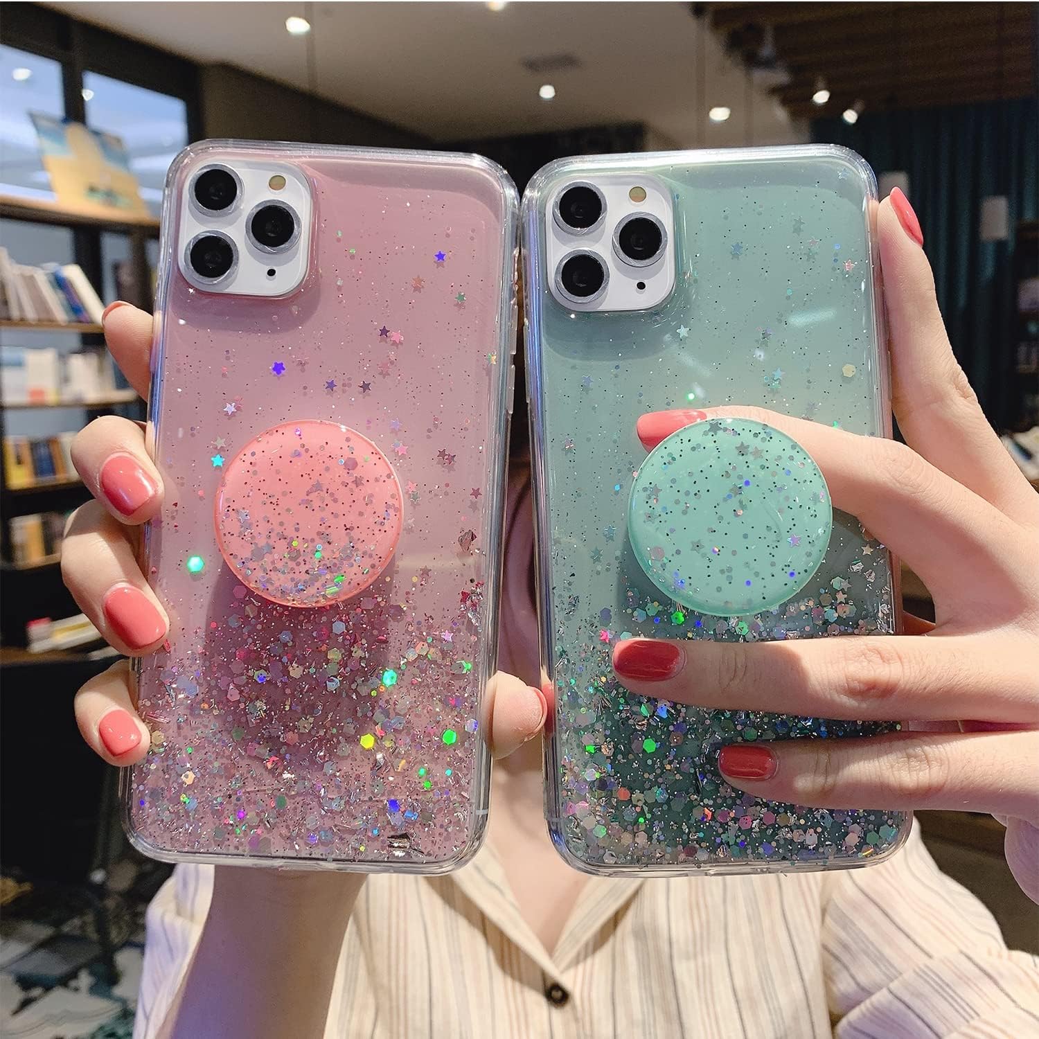 MUYEFW Funda con purpurina para Samsung Galaxy S22 Ultra de 6.8 pulgadas, con soporte de anillo, bonita funda transparente para mujer, con soporte